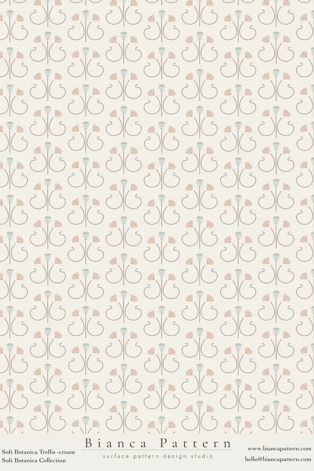 A repeating pattern featuring stylized, minimalist floral and botanical elements in soft pastel colors on a light background.