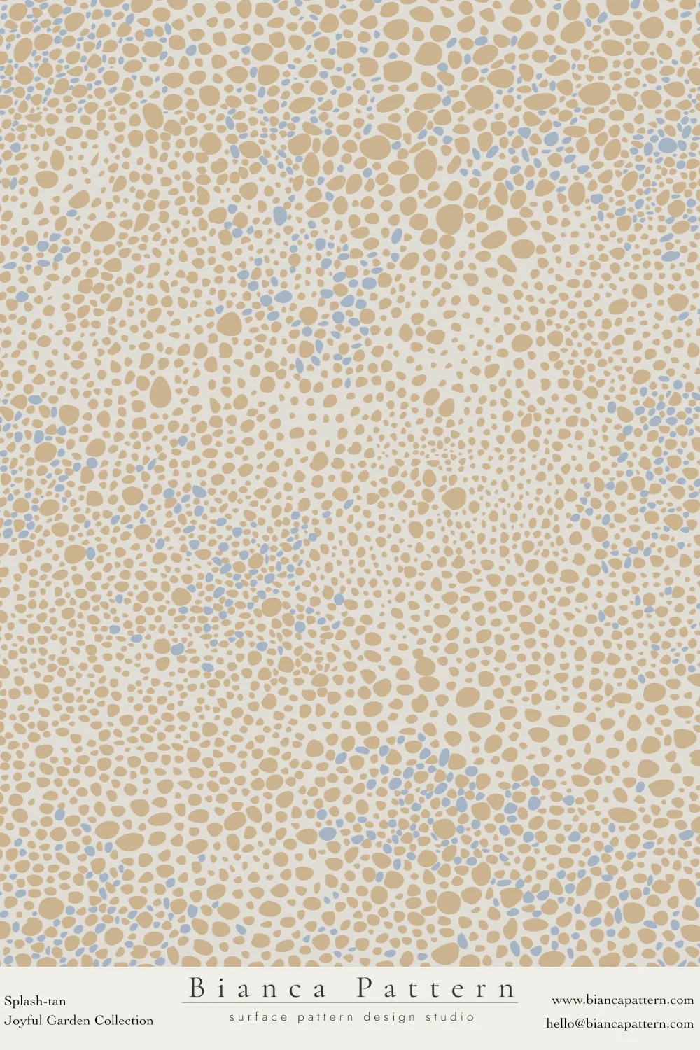 A beige and light blue abstract polka dot pattern called Splash-tan from the Joyful Garden Collection by Bianca Pattern.