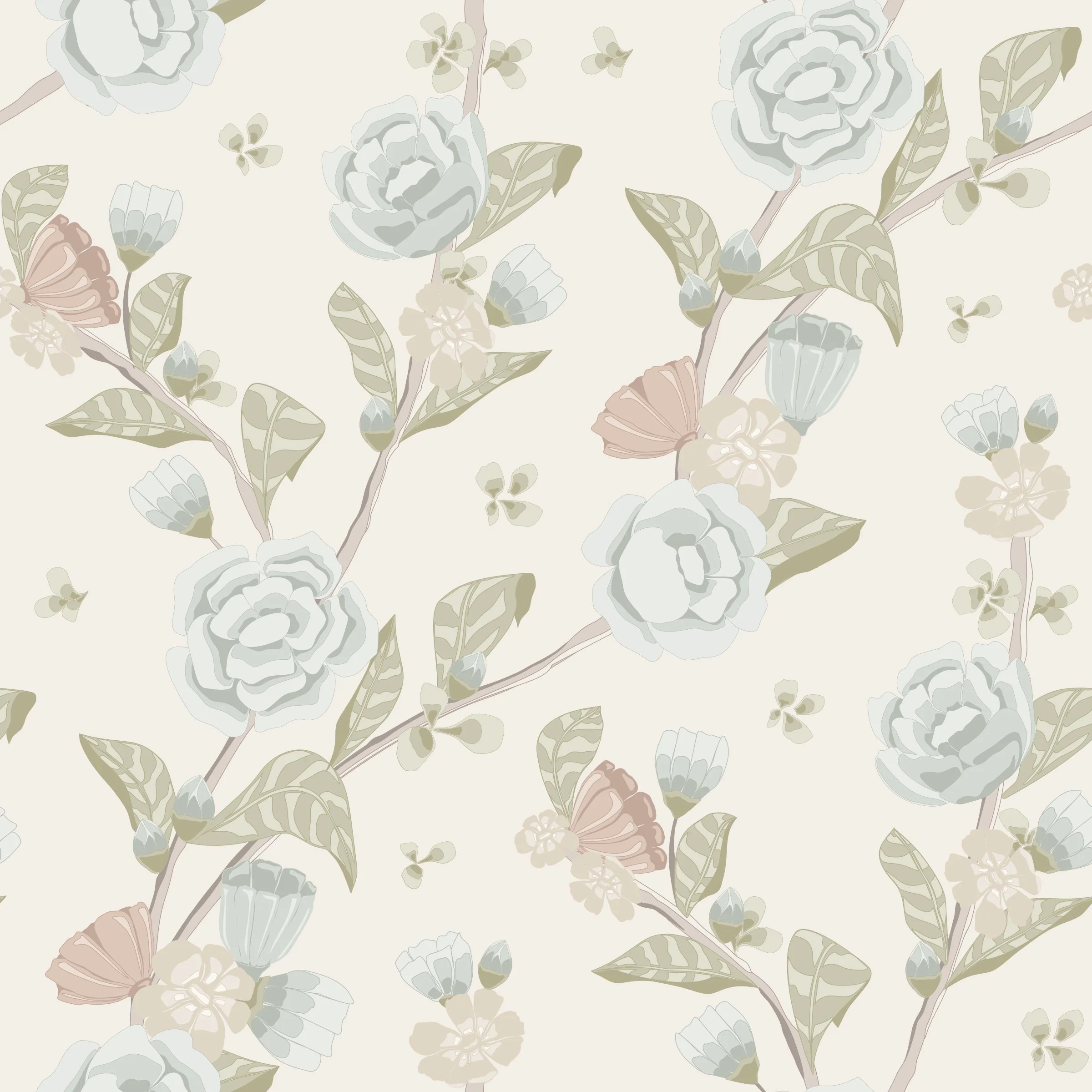 A seamless pattern of stylized flowers and leaves in pastel shades of cream, light blue, pink, and green, on a cream background.