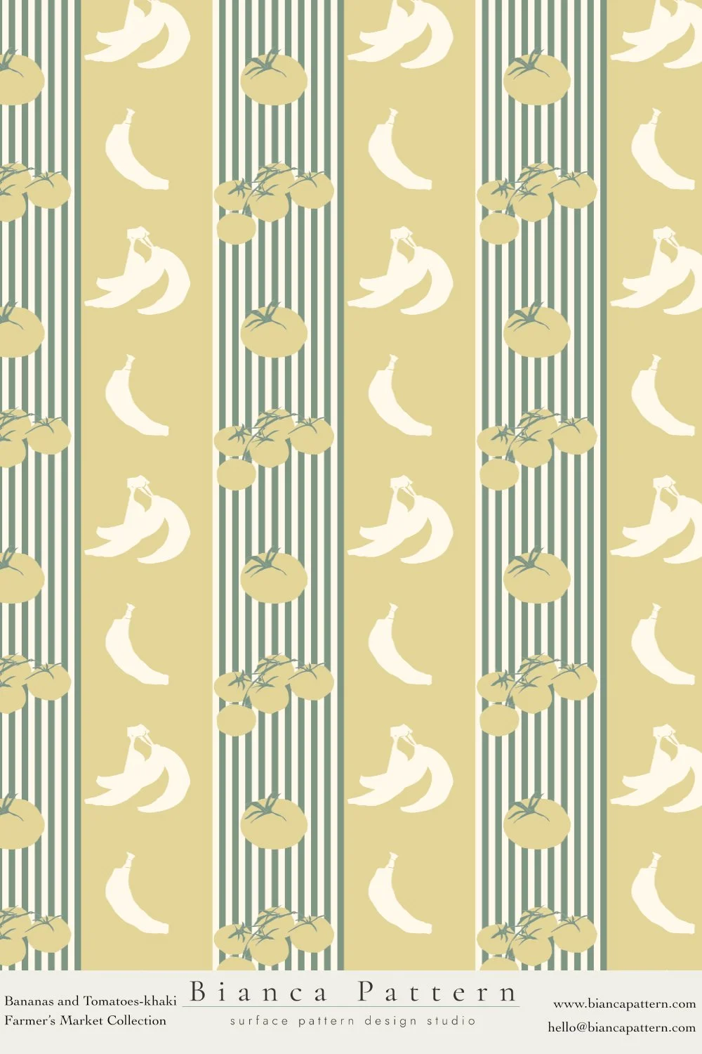 Pattern with alternating vertical stripes and rows of bananas and tomatoes on a beige background.