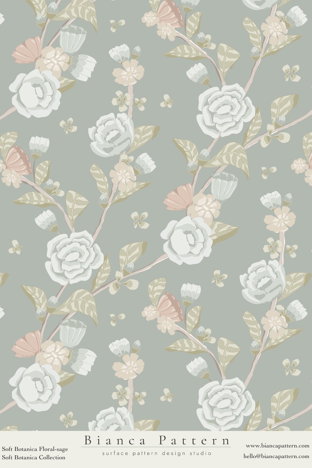 A soft, botanical floral pattern with light-colored roses, leaves, butterflies, and various floral elements on a muted green background.
