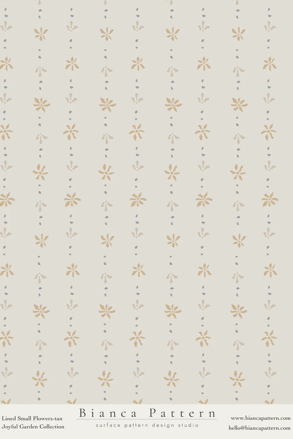 Pattern of small beige flowers and gray dots on a light background.