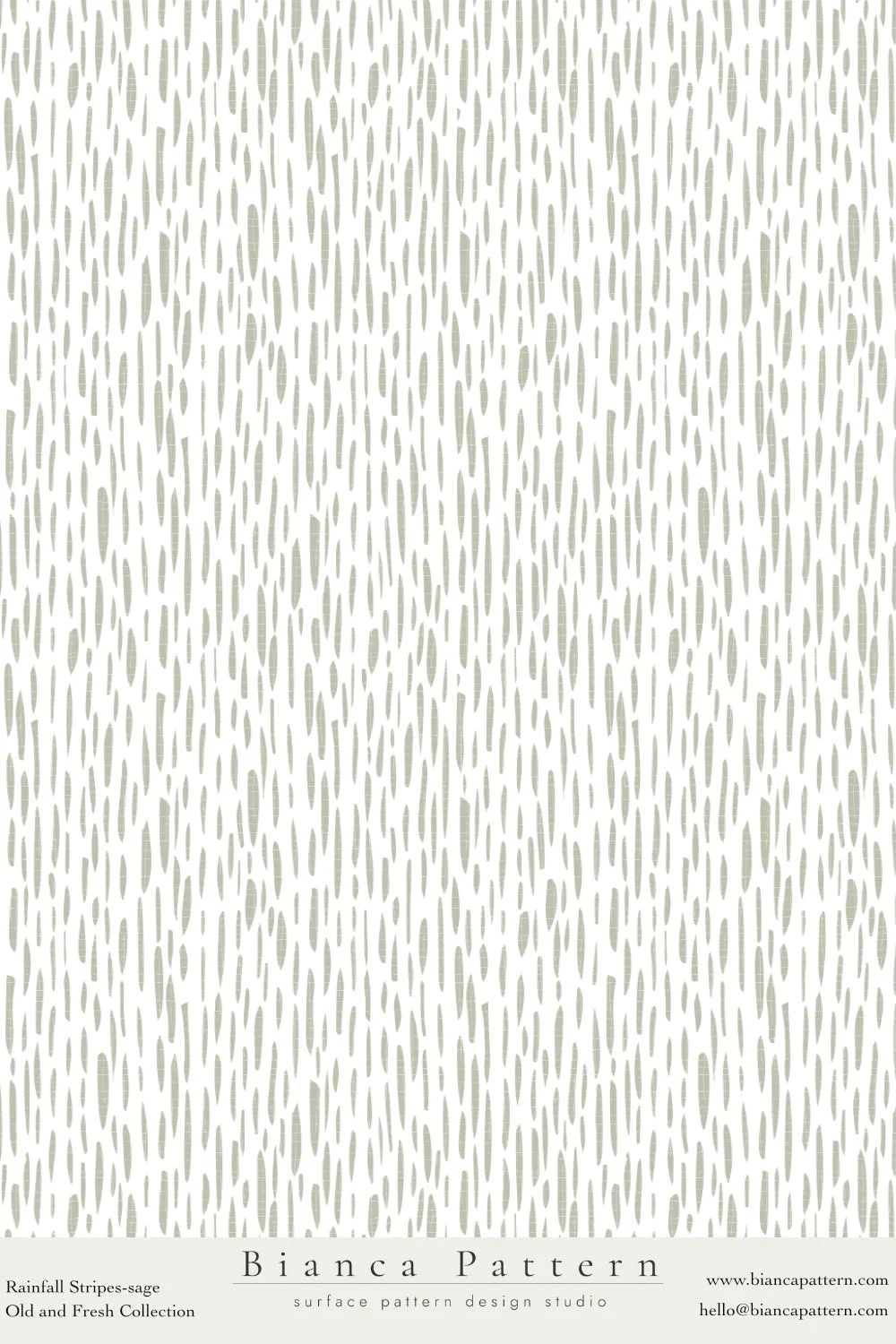 A repeating pattern of elongated, irregular, beige streaks on a white background, labeled as 'Bianca Pattern' from the Rainfall Stripes-sage collection at biancapattern.com.