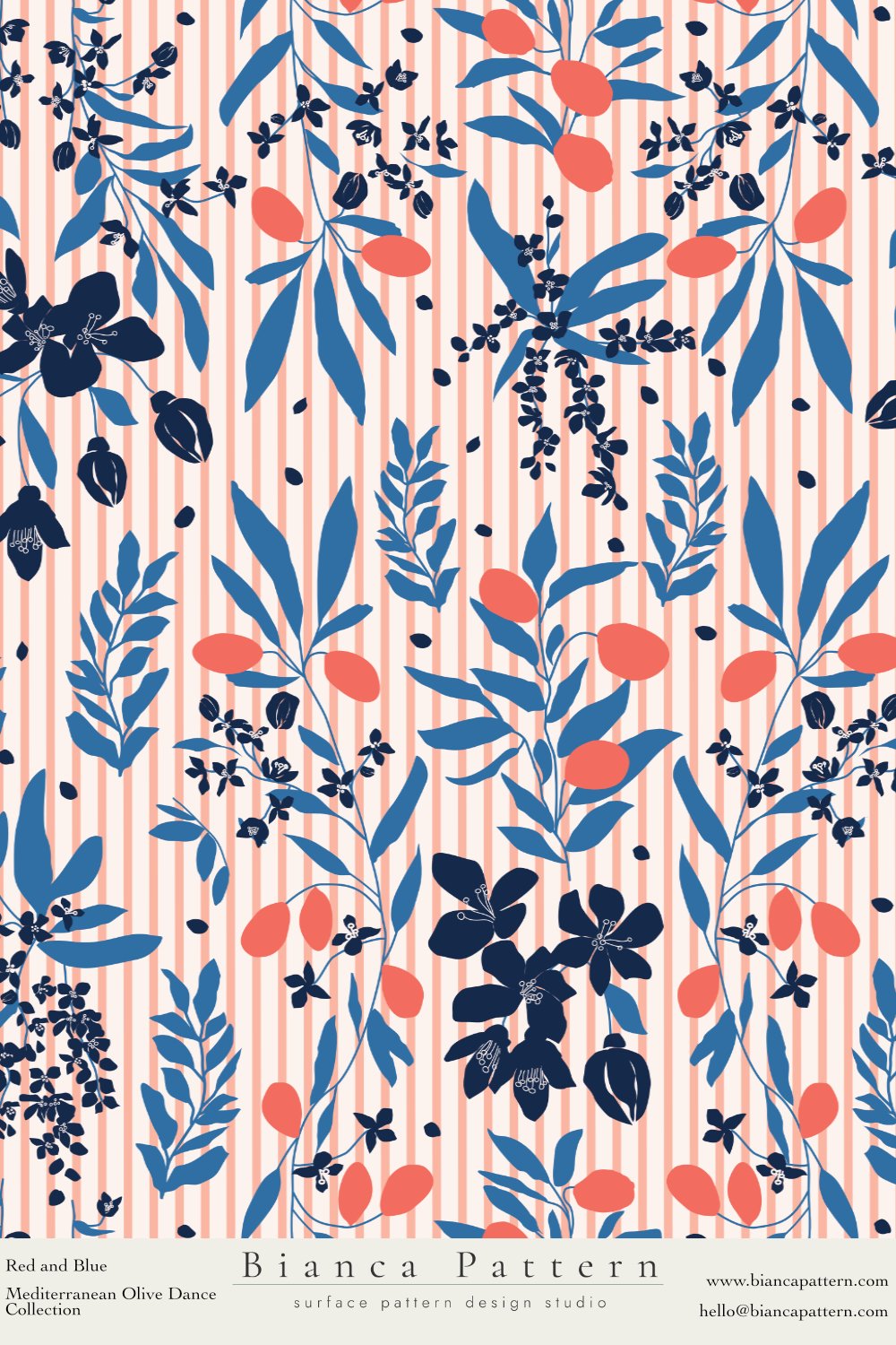 Pattern of Mediterranean olive branches with blue leaves and dark blue and coral olives, set against a background of vertical coral and cream stripes.