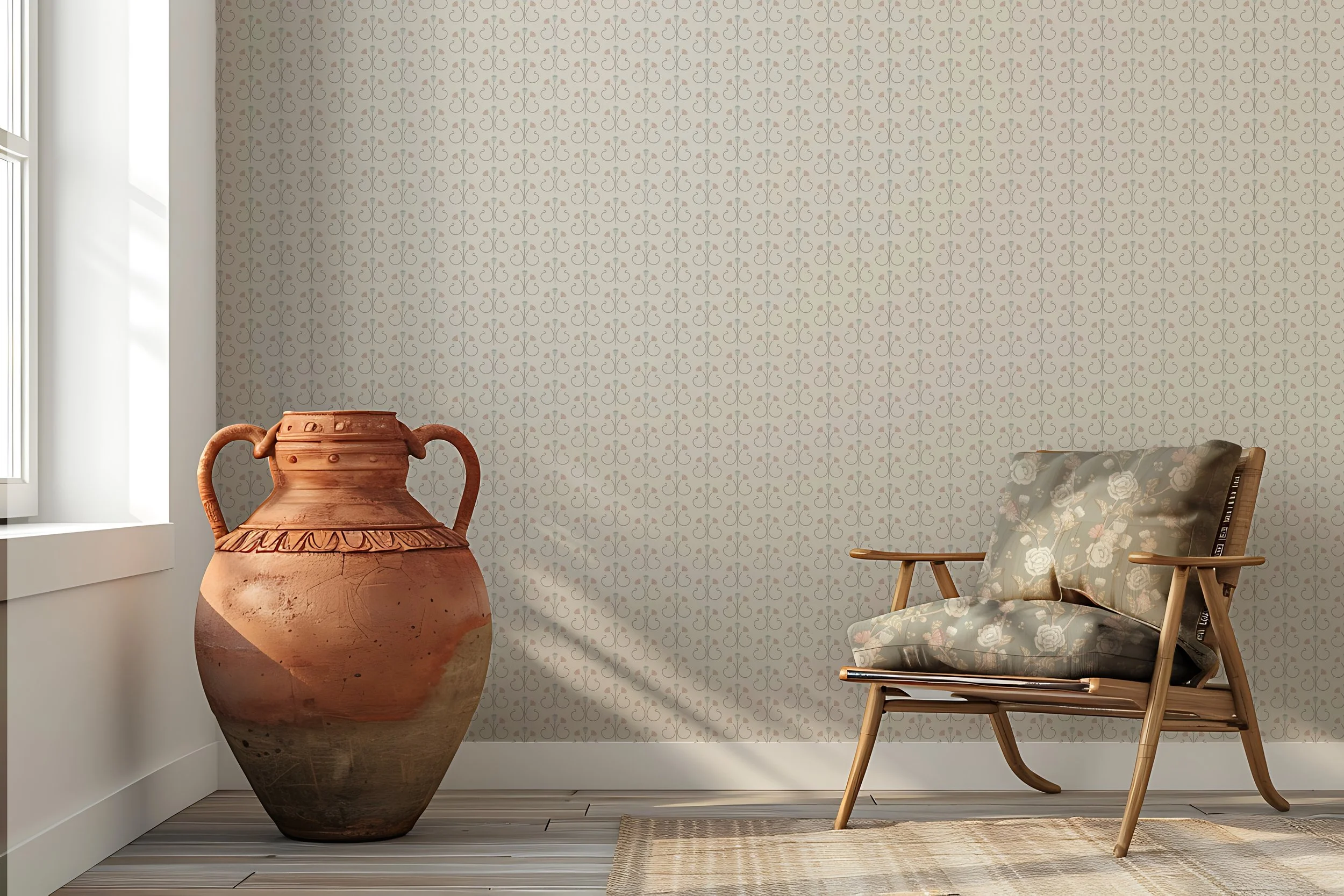 A large decorative clay urn with handles is placed on the floor beneath a window with white curtains. To the right, there is a wooden chair with a floral cushion and a woven rug on a light-colored wood floor. The background features a patterned wallpaper with a light pastel design.