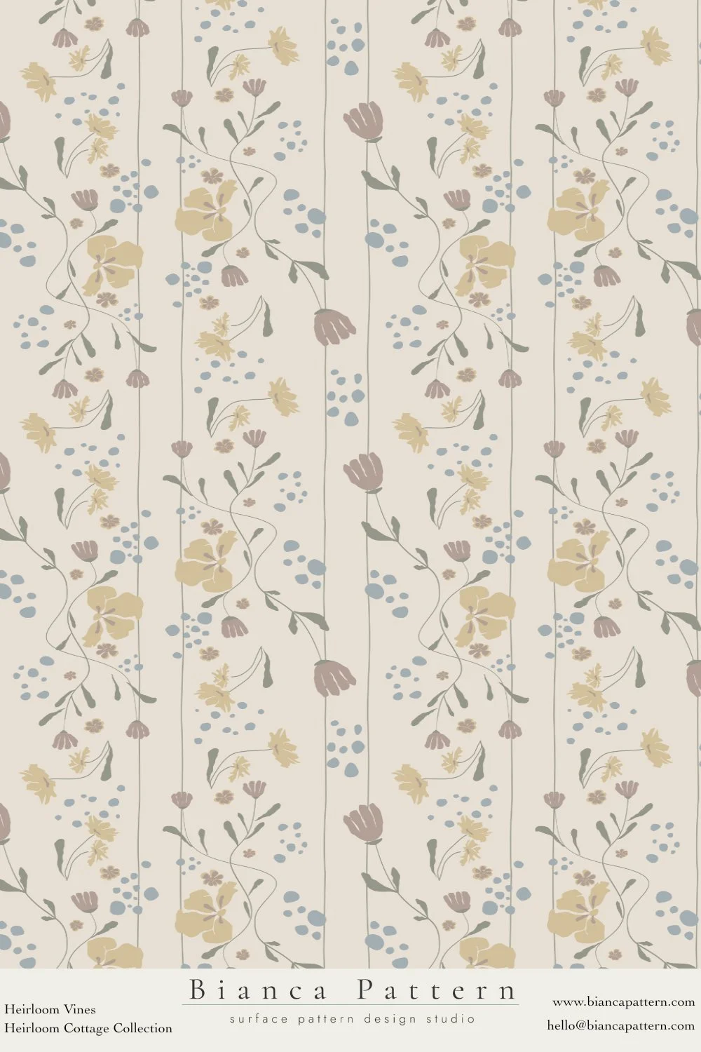 A seamless floral pattern with light beige background featuring yellow, purple, and brown flowers with green leaves and vine details, accompanied by small blue dots.