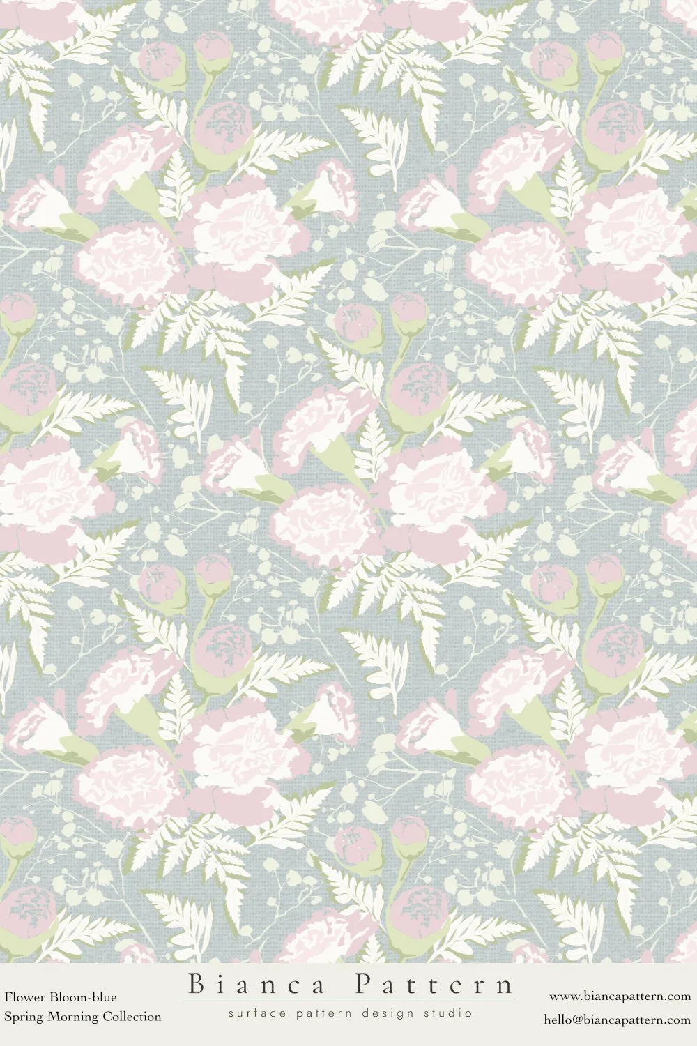 A floral pattern with pink and white flowers, green leaves, and a light blue background, from the Bianca Pattern Spring Morning Collection.