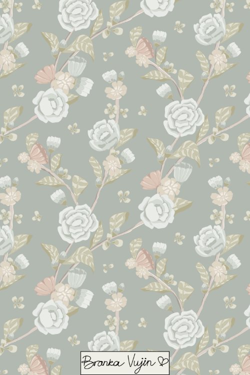 Floral pattern with roses, leaves, and butterflies on a gray background, signed by Branka Vujin.