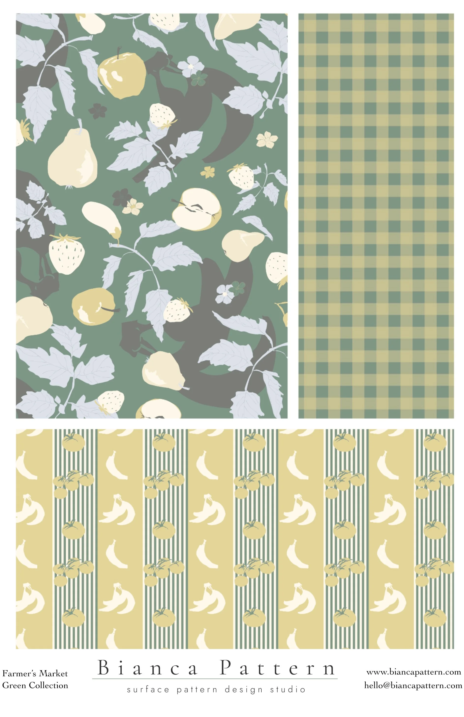 Multiple fabric patterns in green and yellow shades, featuring strawberries, bananas, and pears, with some floral designs and striped parts.