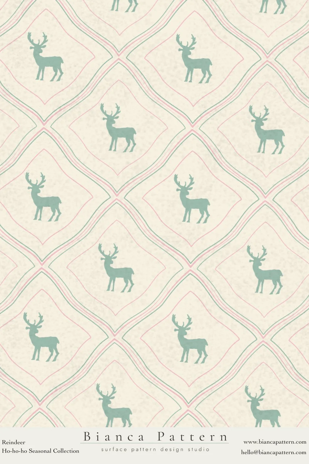 Repeating pattern with teal reindeer silhouettes within diamond shapes, pink and green lines creating a grid on a cream background.