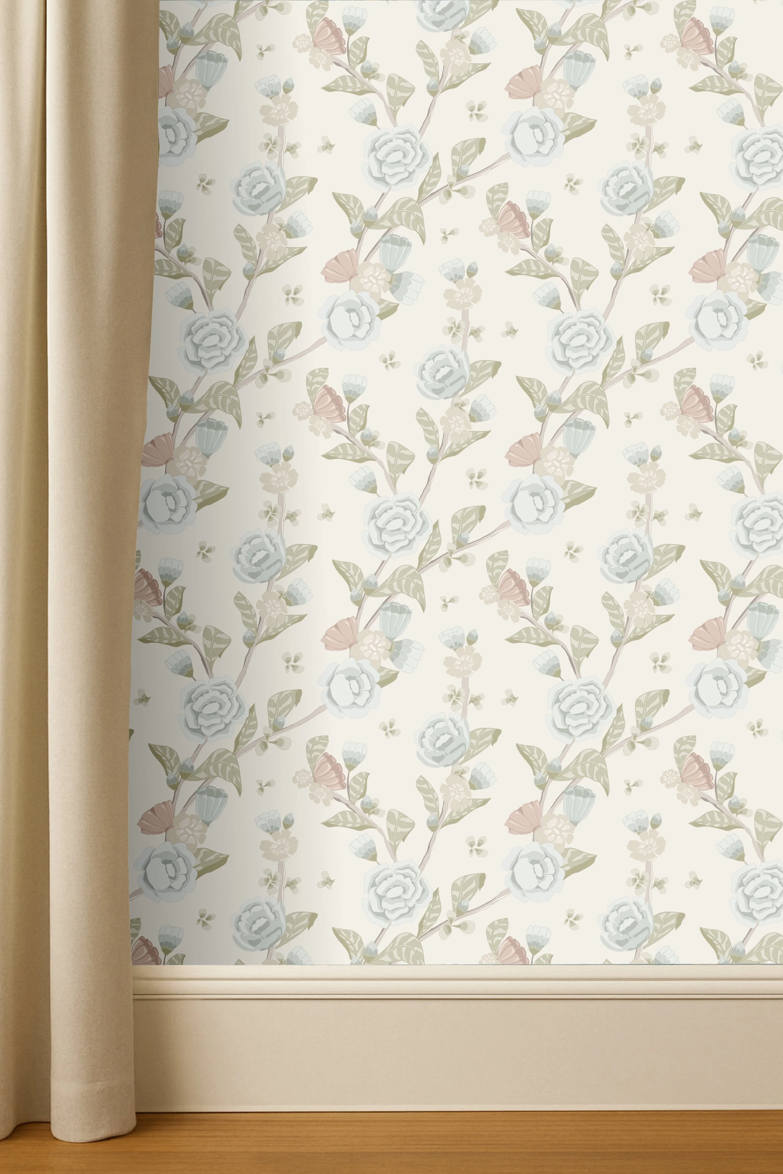 A window with floral-patterned curtains and a beige curtain on the side, with a wooden floor underneath.
