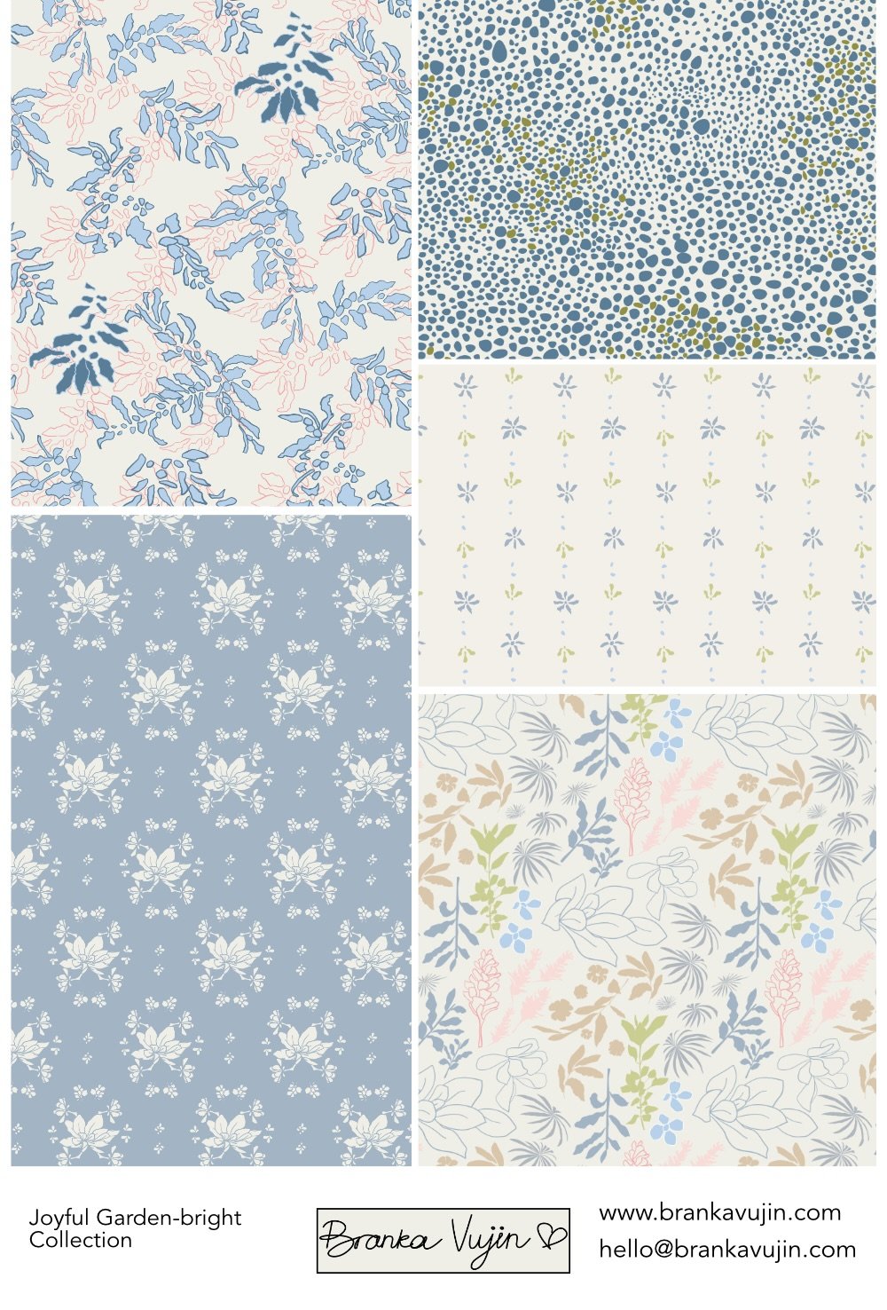 A collage of five different floral and abstract pattern designs in pastel and muted colors, part of the Joyful Garden-bright Collection by Branka Vujin.