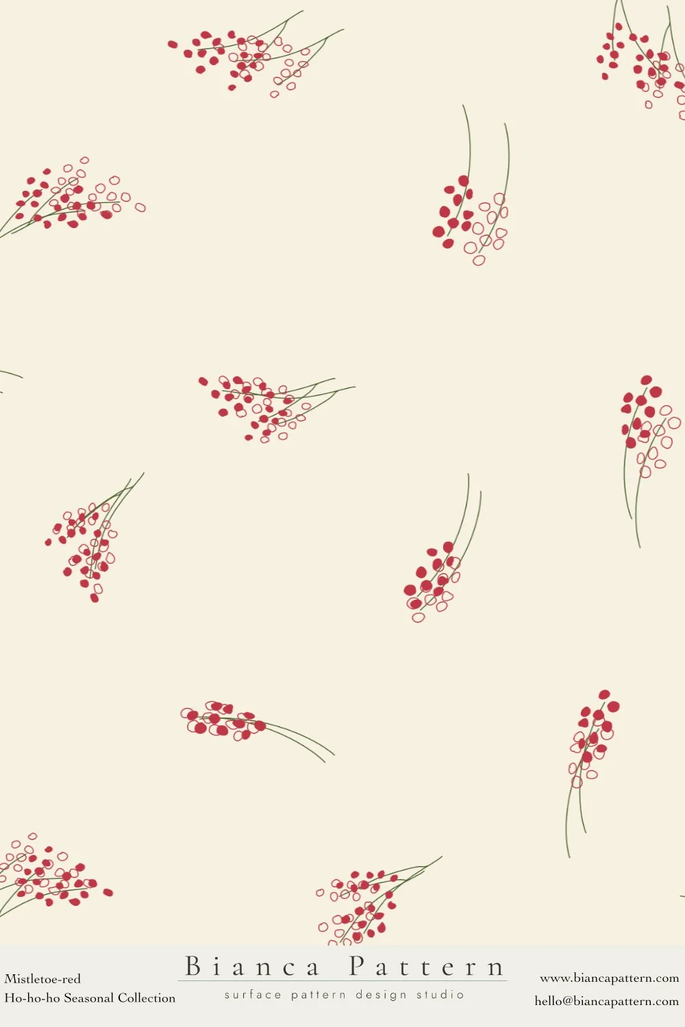 A light cream background with a repeating pattern of red mistletoe berries and green stems scattered across the surface, part of the Ho-ho-ho seasonal collection by Bianca Pattern.