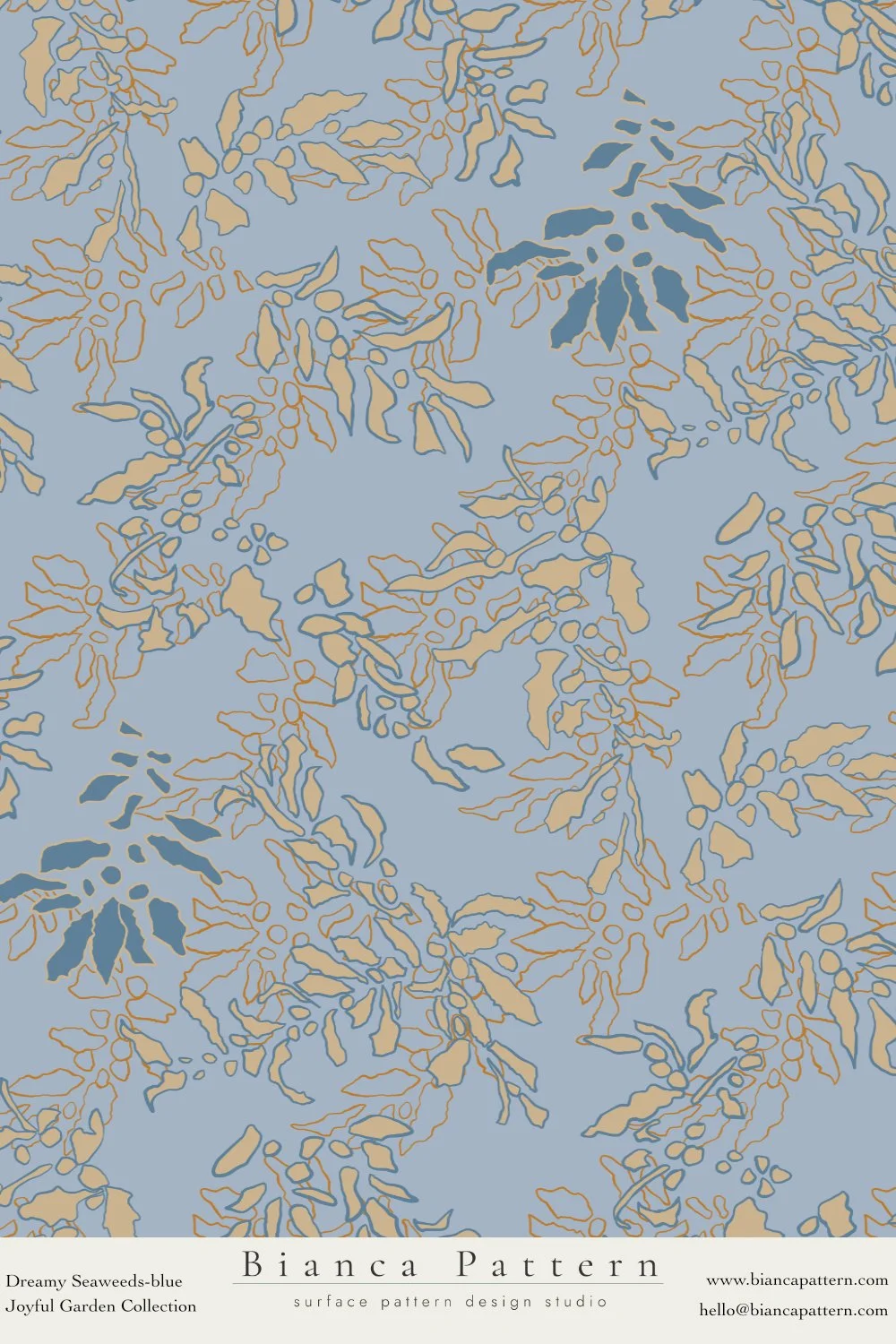 A blue surface pattern with beige and dark blue seaweed and plant outlines.