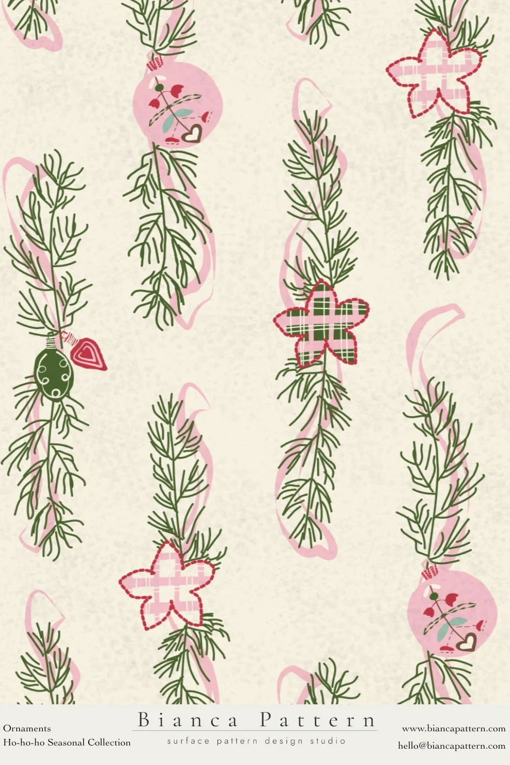 Christmas-themed pattern with pine branches, pink ornaments, and embroidered-style red and green floral decorations.