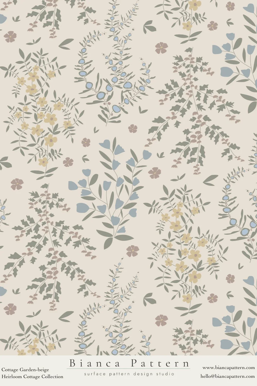 A floral pattern featuring beige, muted yellow, pale blue, and soft gray-green leaves and small flowers on a beige background.