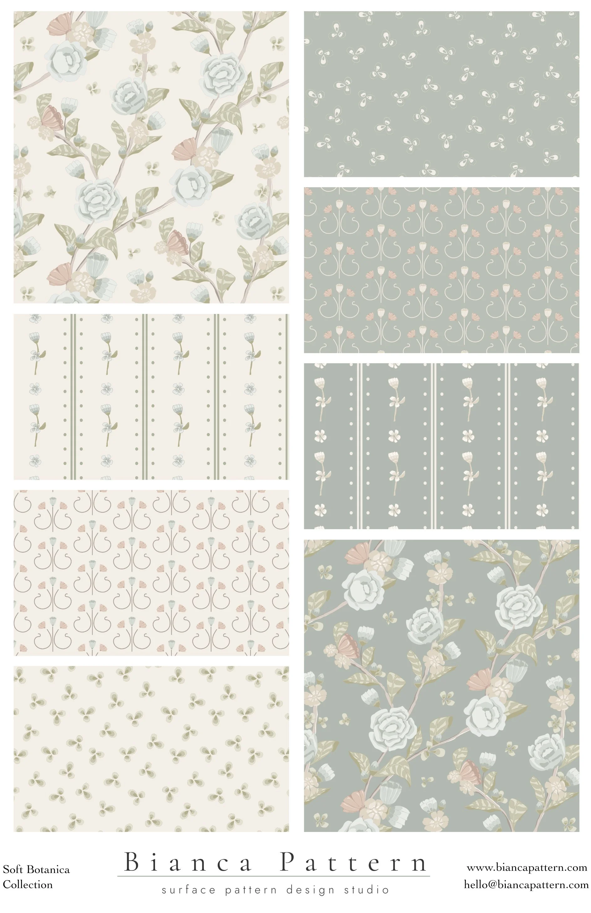 Set of six floral and geometric patterned designs from the Bianca Pattern collection, featuring roses, leaves, butterflies, and abstract floral motifs in soft pastel colors, displayed on different background colors.