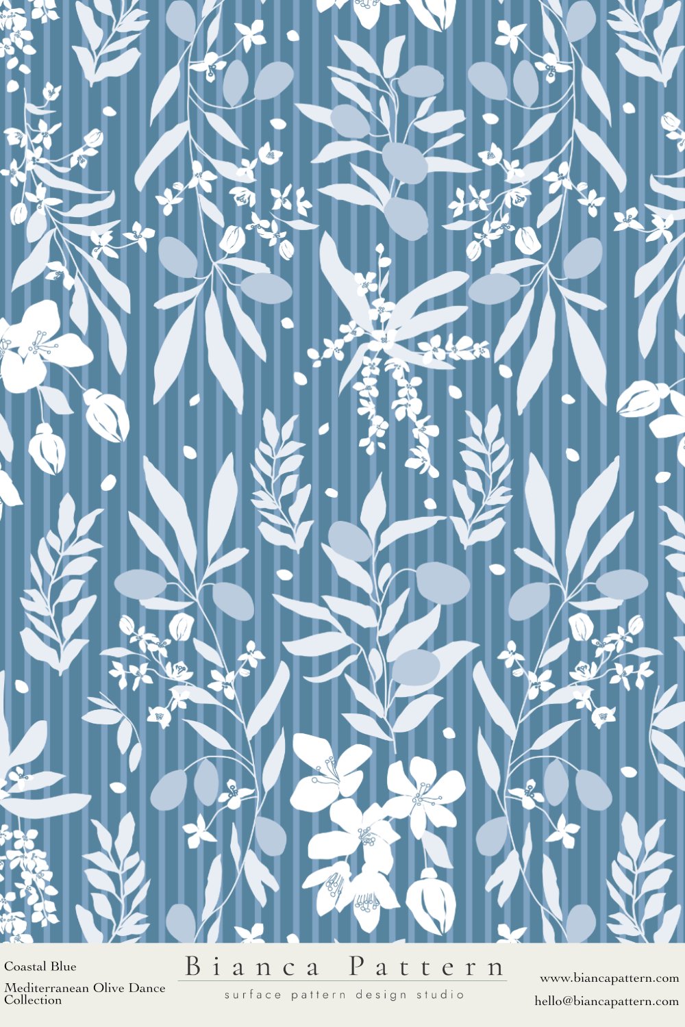 A coastal blue pattern with white silhouettes of olive branches and blossoms on a striped background.