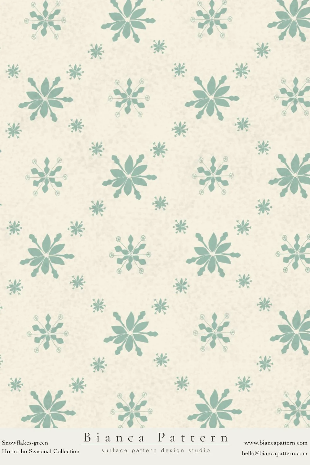 Pattern of green snowflakes on a cream background, from the Ho-ho-ho Seasonal Collection by Bianca Pattern.