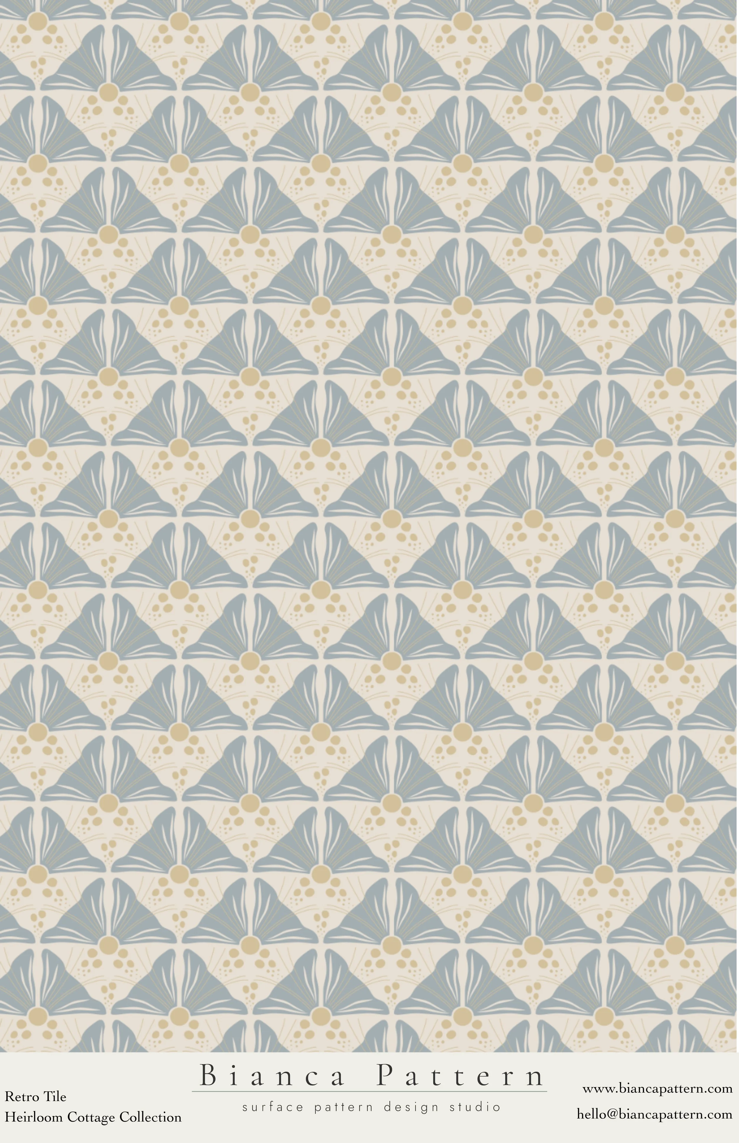 Repeating pattern of abstract fan shapes in blue and beige with circular and dotted accents.