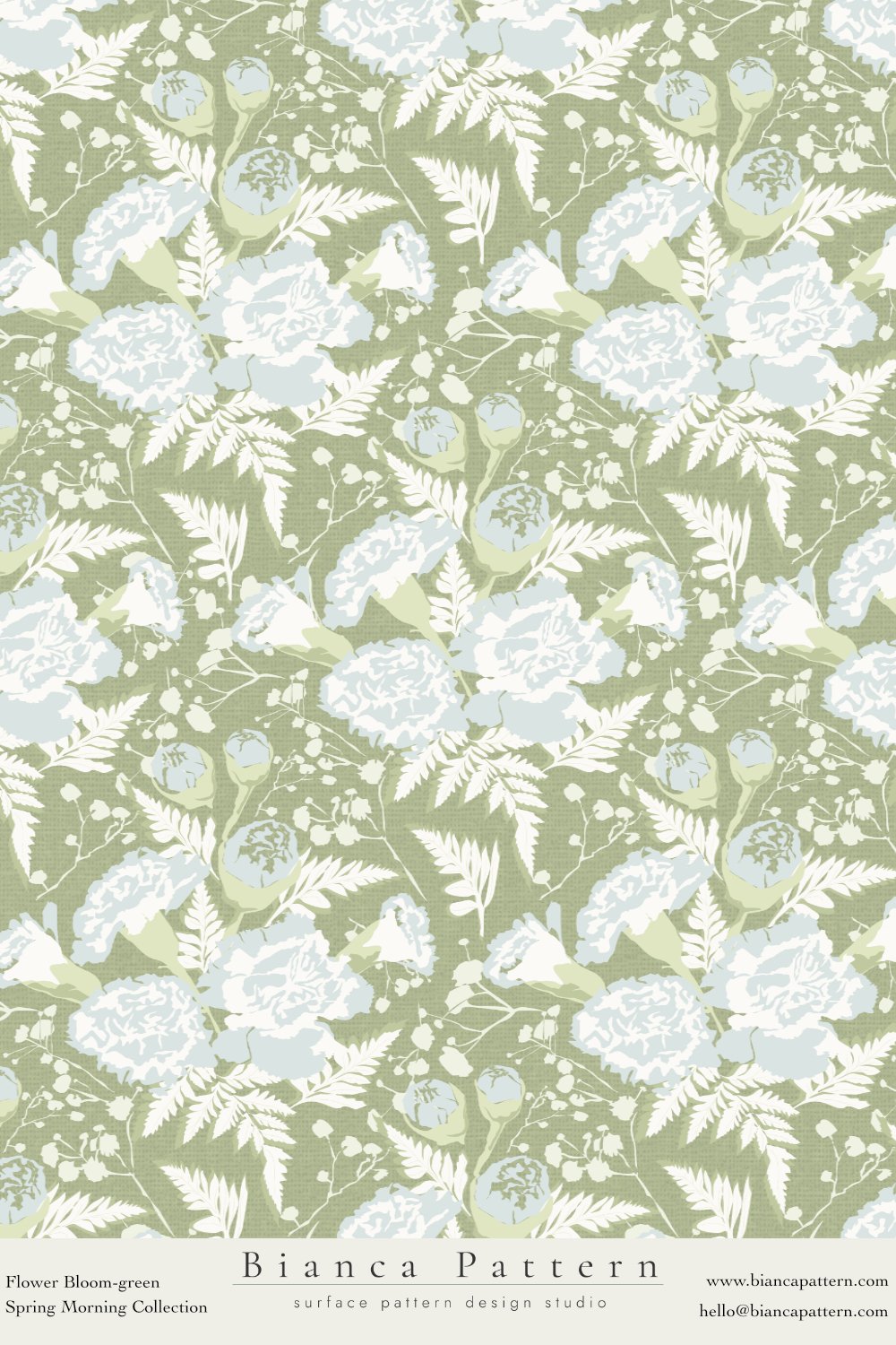 A floral pattern with green background, white and light blue flowers, and green leaves, from Bianca Pattern's Spring Morning Collection.