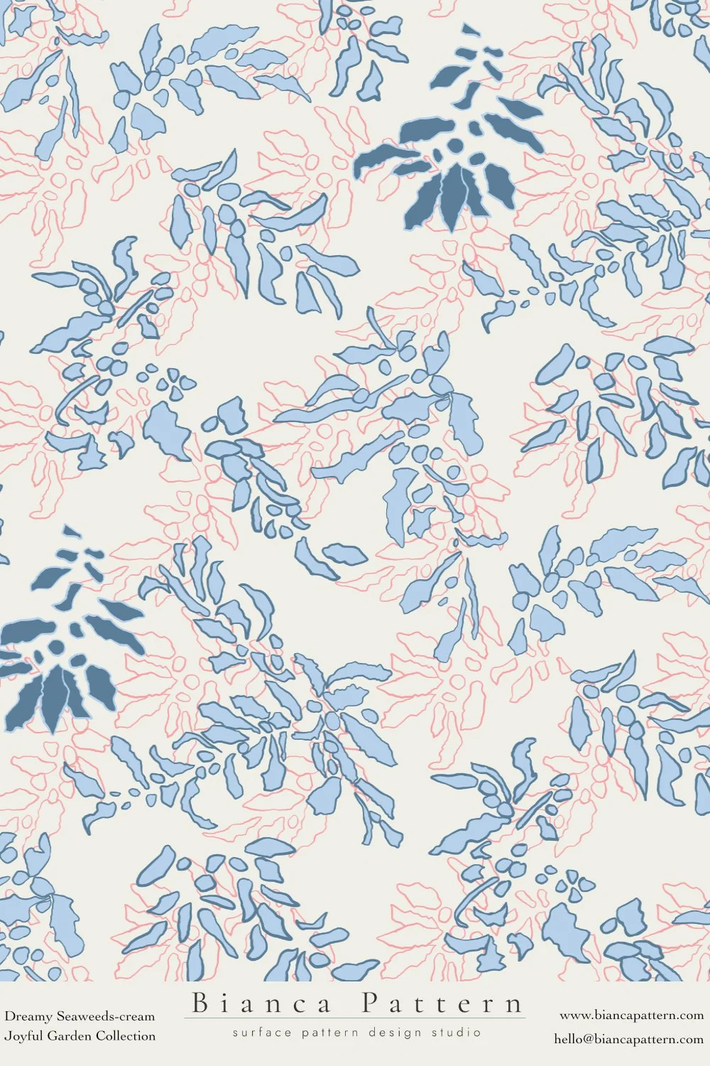 A botanical pattern featuring blue leaves and red outlines of leaves on a cream background, titled 'Bianca Pattern' from the Joyful Garden Collection.