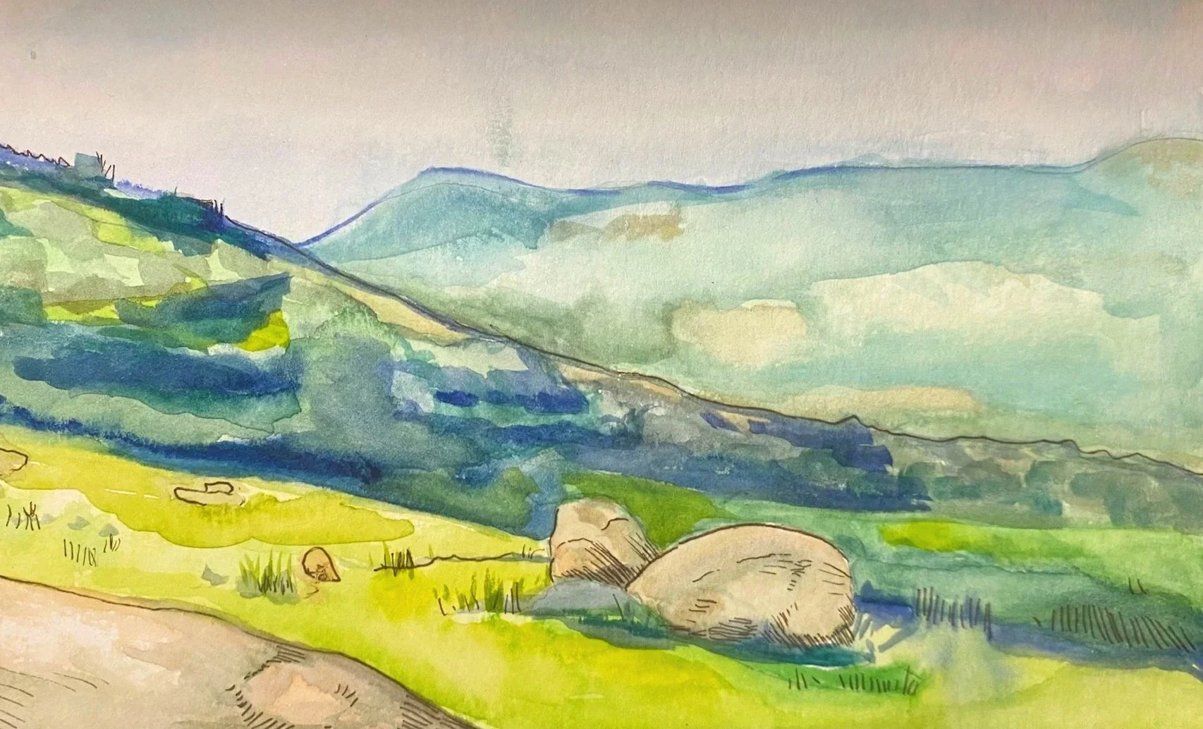 A watercolor painting of rolling green hills and mountains with large rocks in the foreground and a cloudy sky.