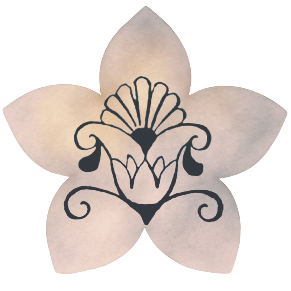 A stylized flower with five pale-colored petals and a black decorative design in the center.