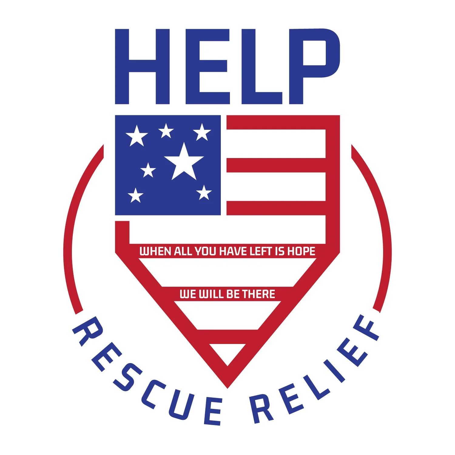 Rescue shield with American flag and patriotic message for rescue relief.