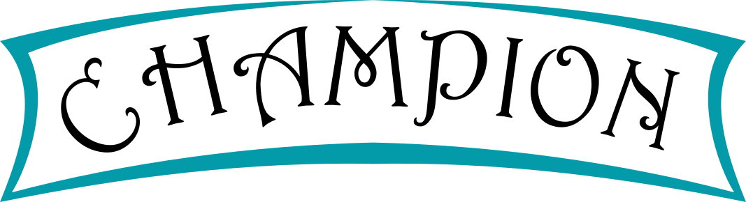 Champion logo with curved text in black on a white background, outlined in teal.