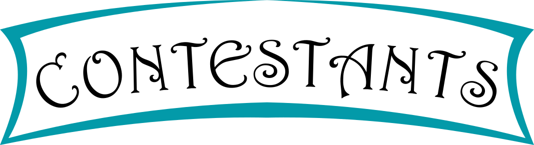 A banner with the word "CONTESTANTS" written in stylized black font on a white background with teal borders.