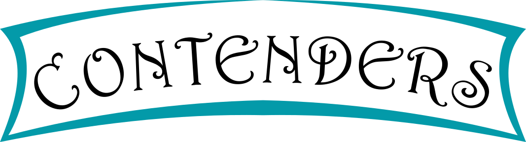 The word 'CONTENDERS' written in stylized black font on a white banner with teal borders.