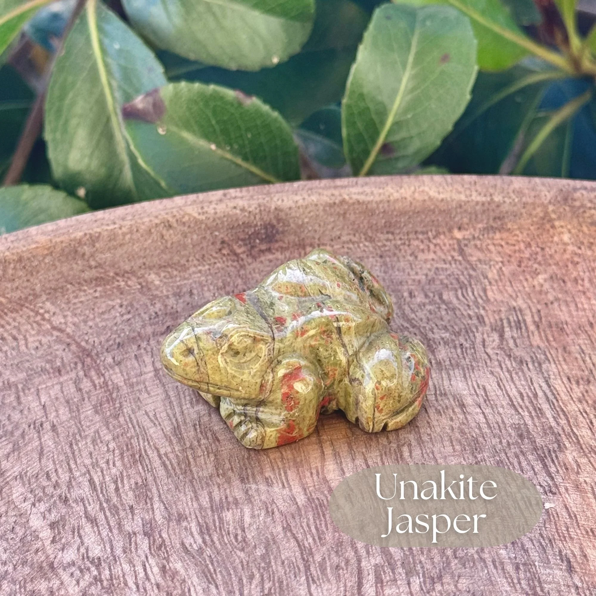 Polished Unakite Jasper frog carving with green and pink/redish natural markings on a wooden surface.