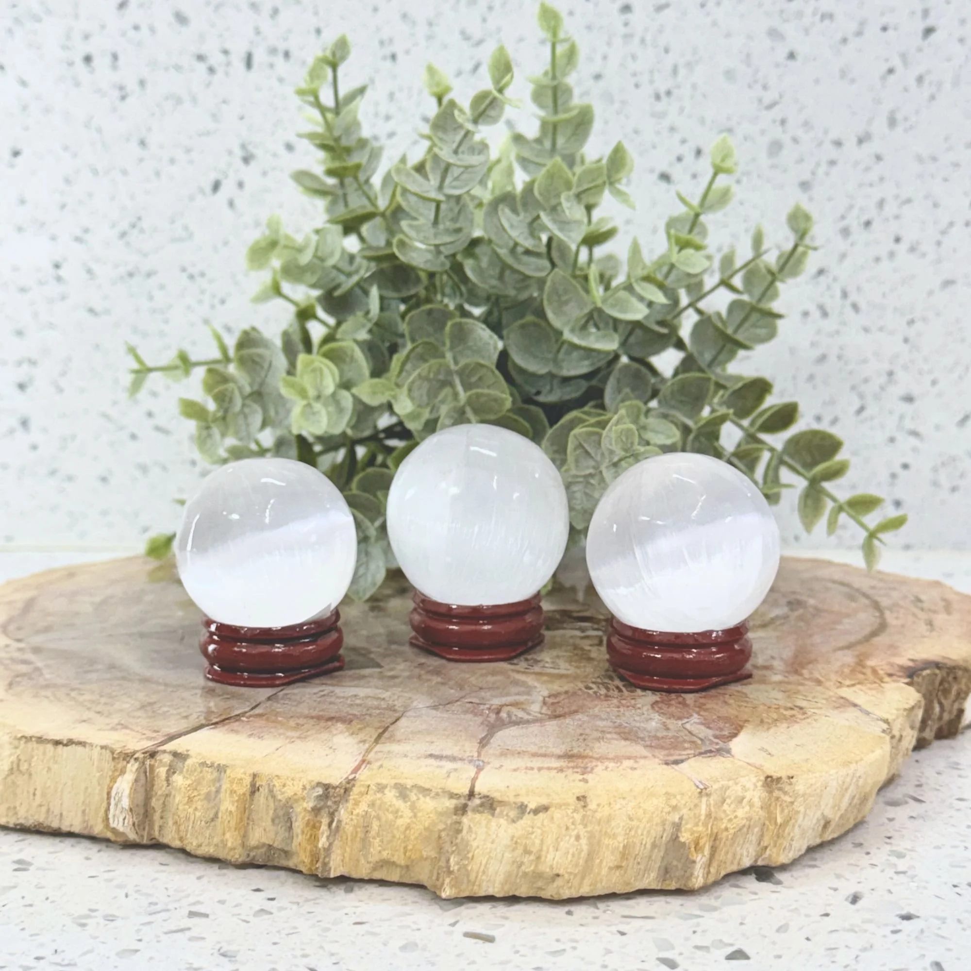 Satin Spar Selenite Sphere with Wooden Stand | Natural Crystal Ball | Cleansing, Protection & Divine Light Stone