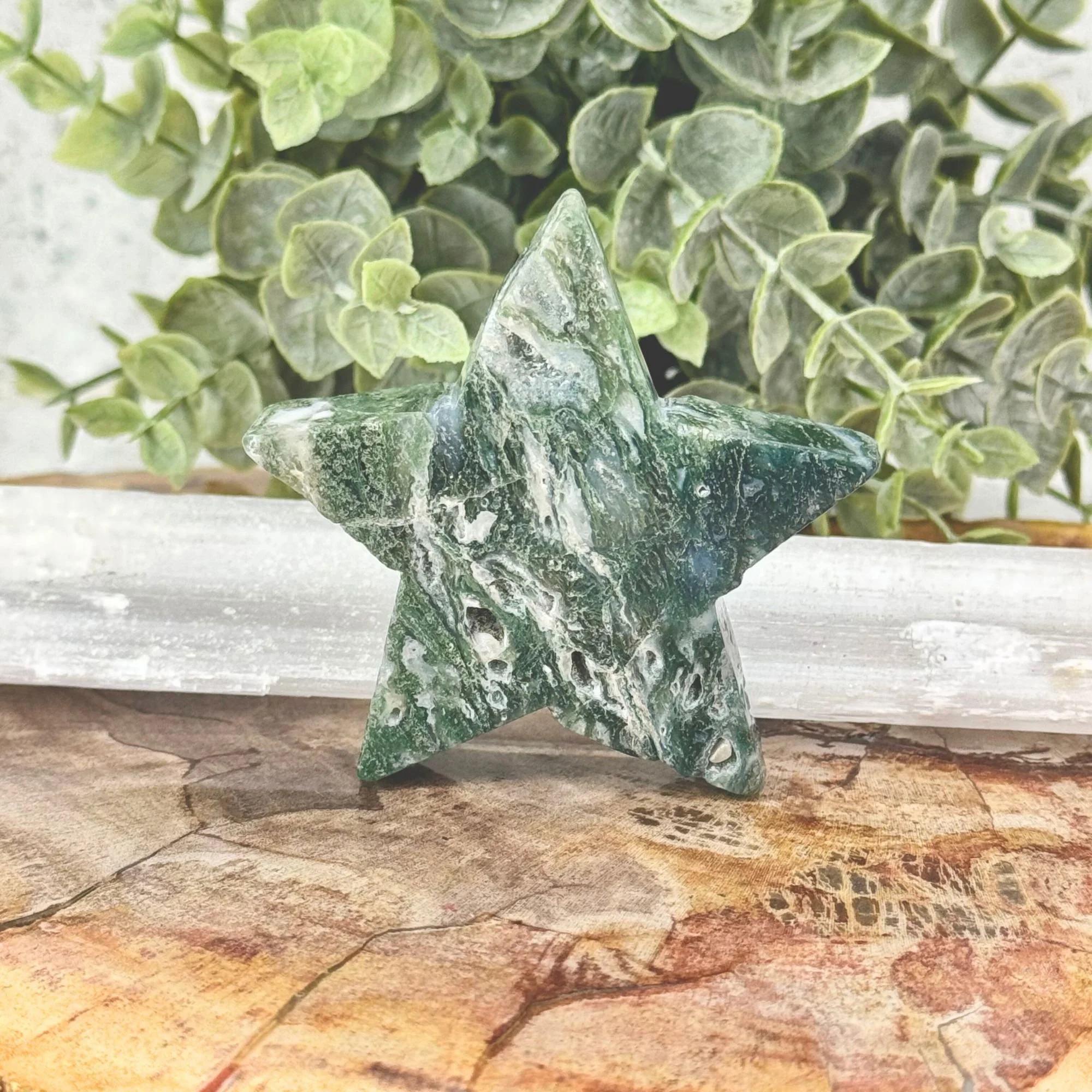 Moss Agate Star Carving (2.5") | Grounding, Growth & Healing Crystal (One-of-a-Kind)