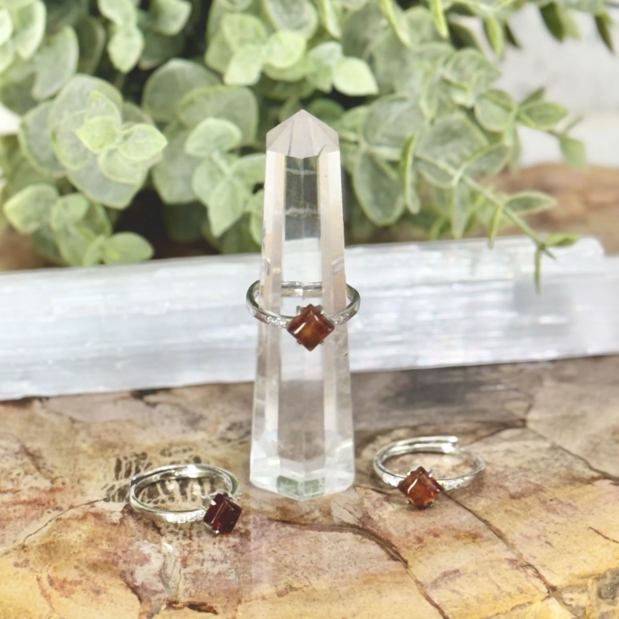 Hessonite Garnet Square Cut Adjustable Stainless Steel Ring – Warm Amber Gemstone Ring