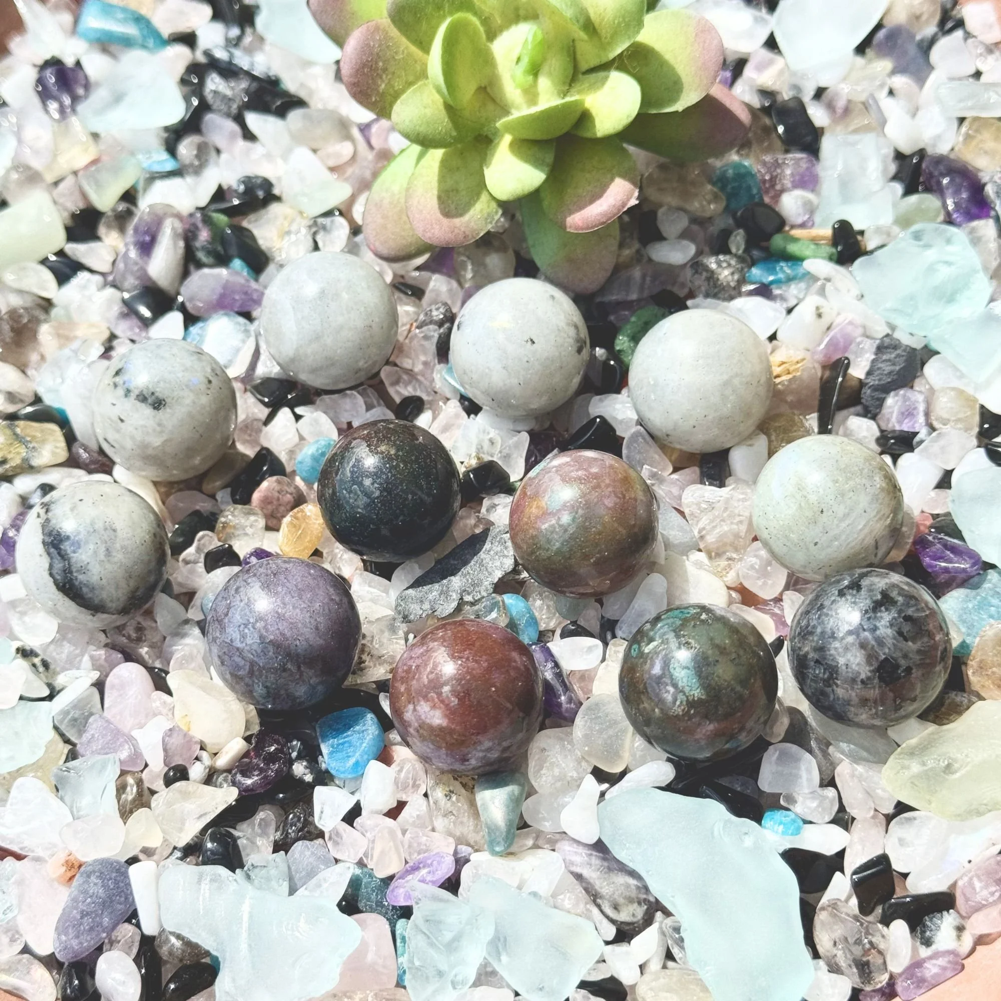 Mini Gemstone Crystal Spheres – Ocean Jasper, Labradorite & Larvikite