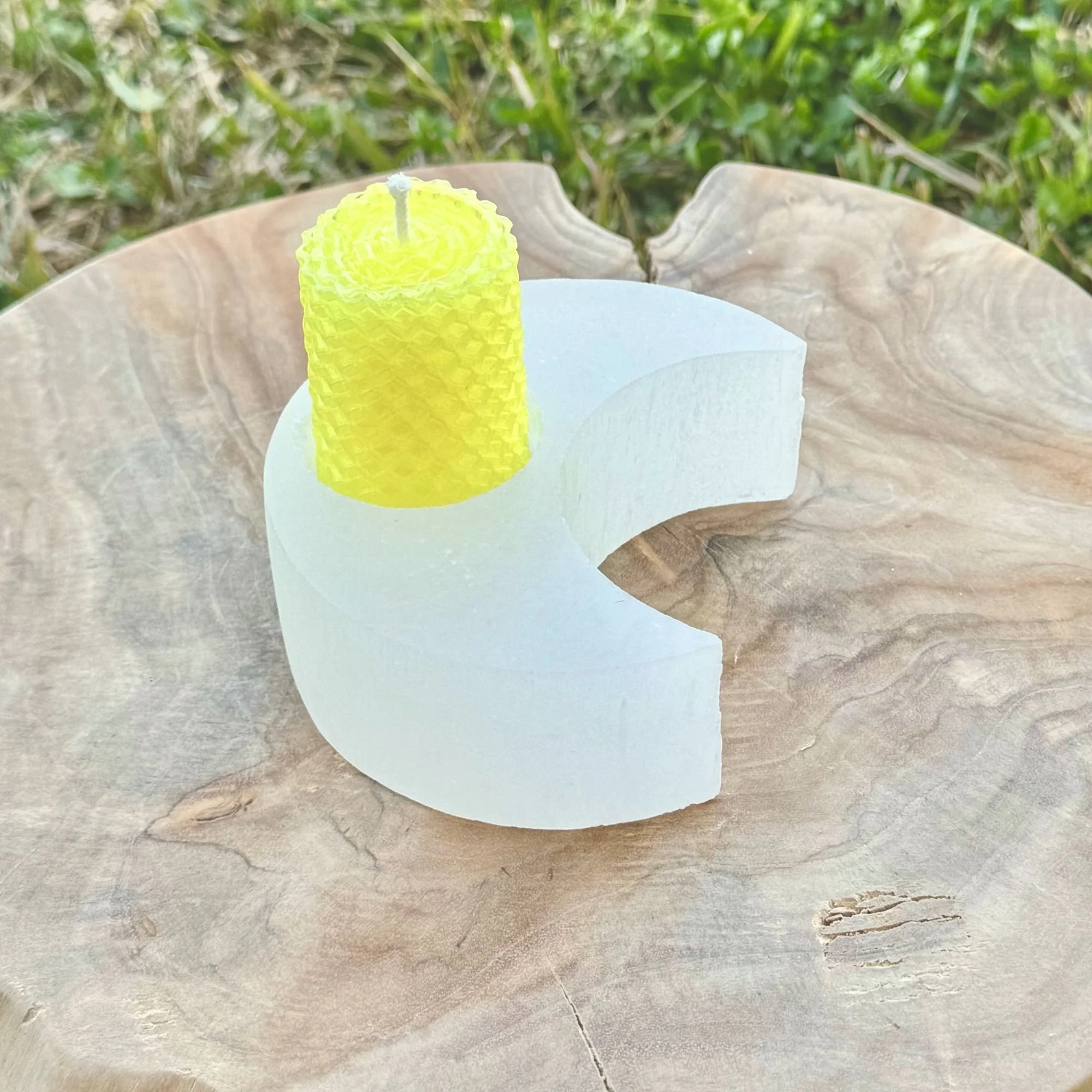 Satin Spar Selenite Crescent Moon Tealight Holder with Yellow Beeswax Votive Candle