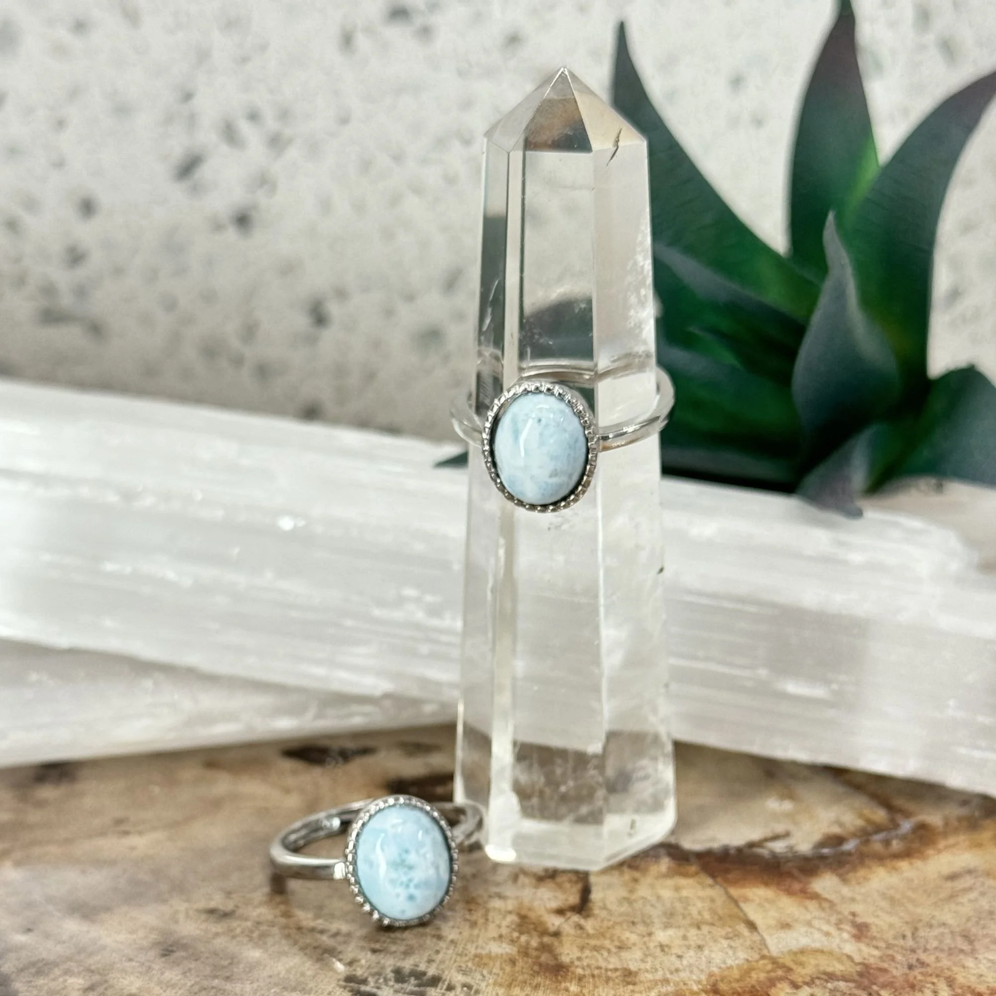 Larimar Oval Cut Adjustable Stainless Steel Ring – Ocean Blue Gemstone Statement Ring – Limited Edition