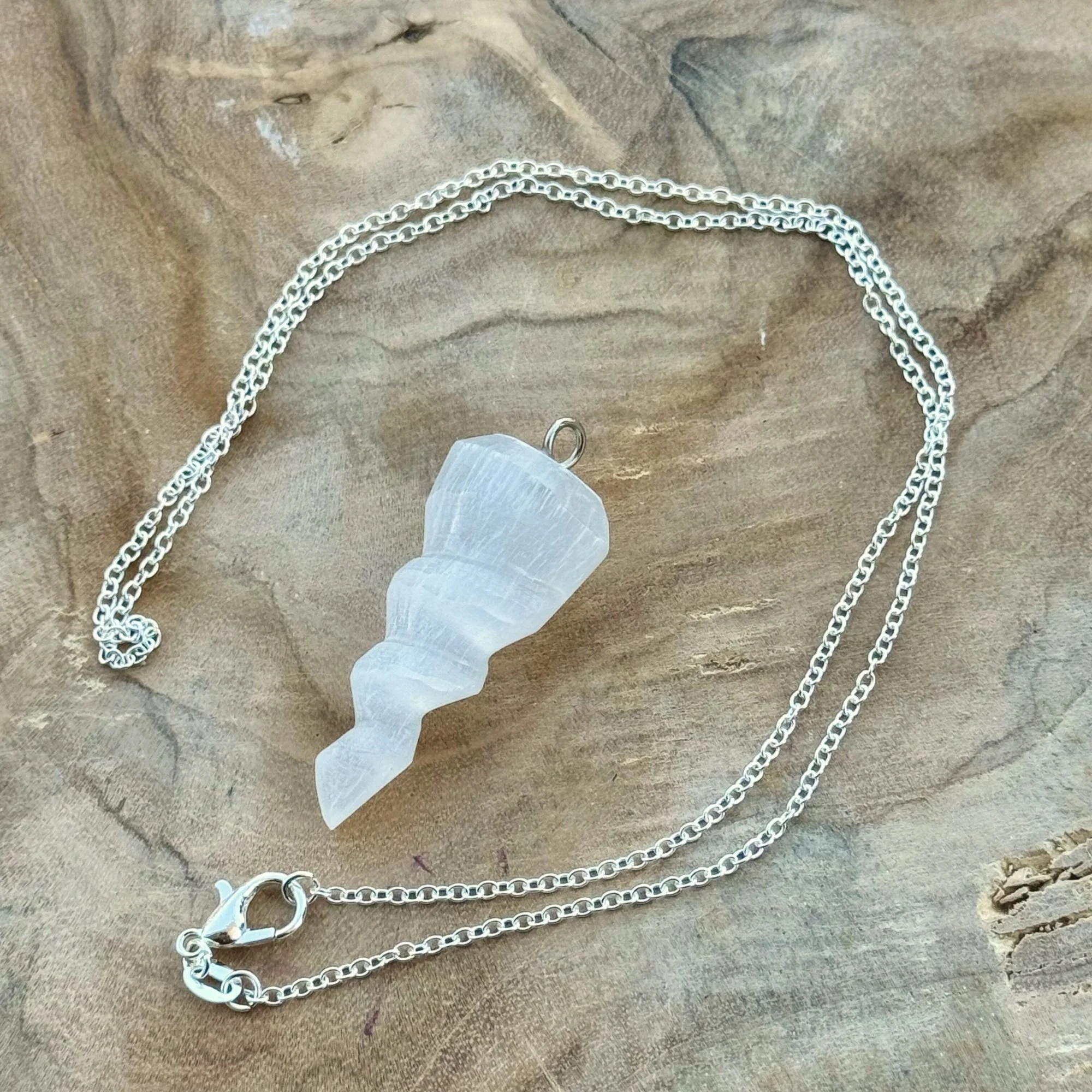 Satin Spar Selenite Spiral Pendant – Optional 18" Stainless Steel Chain