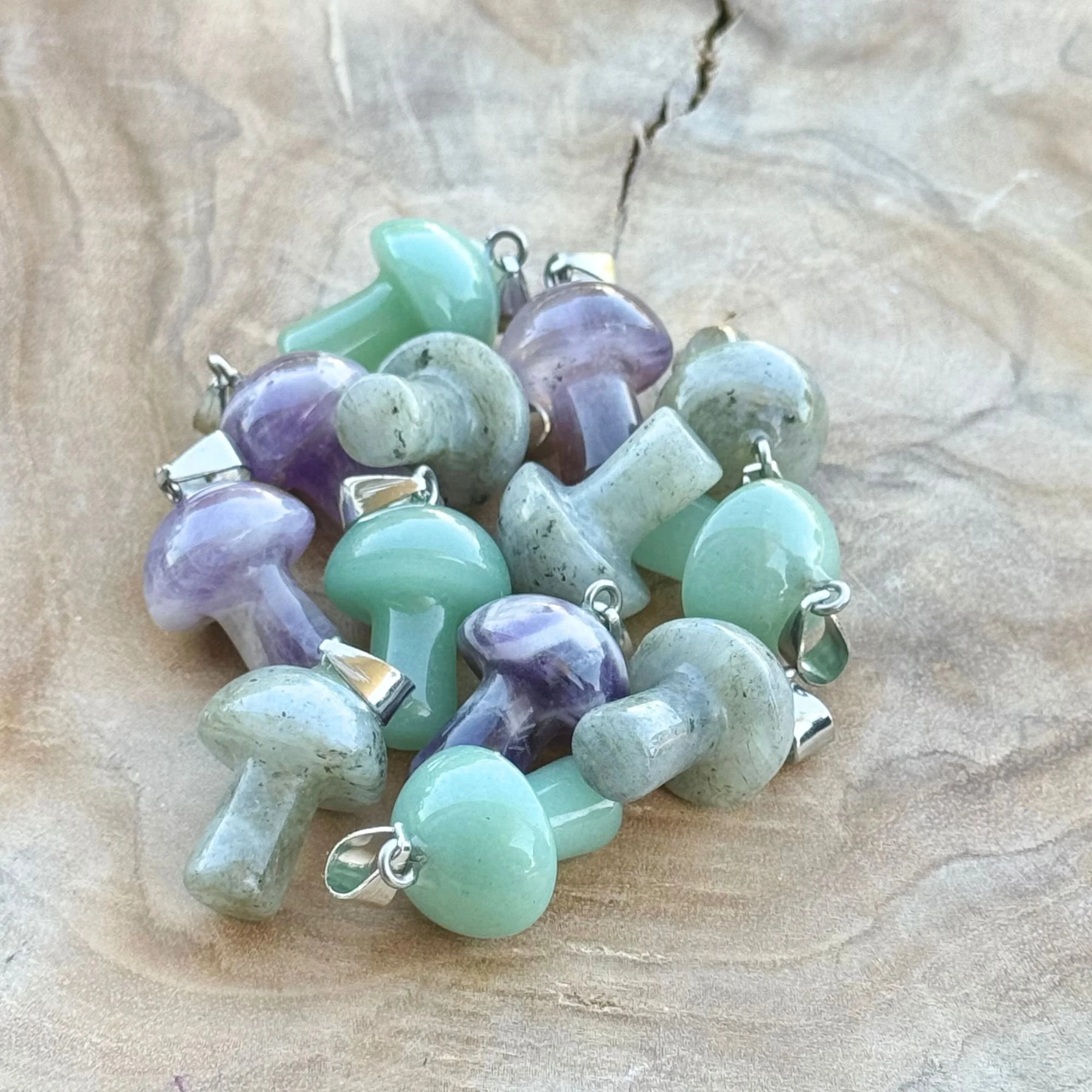 Mini Gemstone Mushroom Pendants – Amethyst, Green Aventurine & Labradorite | Optional 18" Stainless Steel Chain