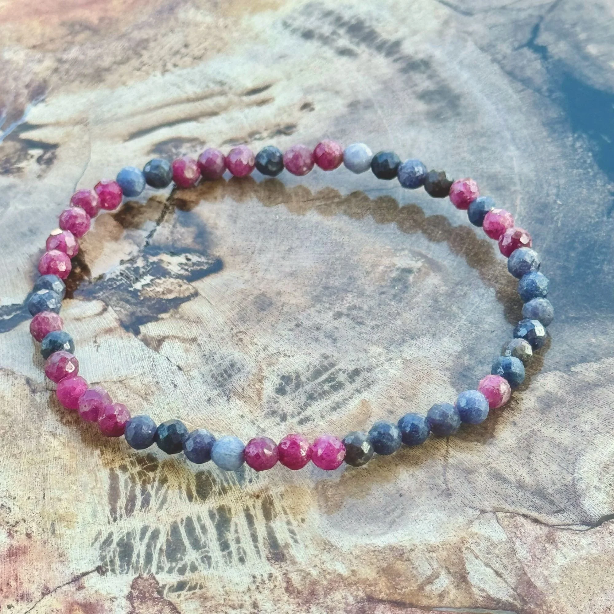 Ruby & Sapphire Faceted Gemstone Stretch Bracelet – 3mm Natural Crystal Beads