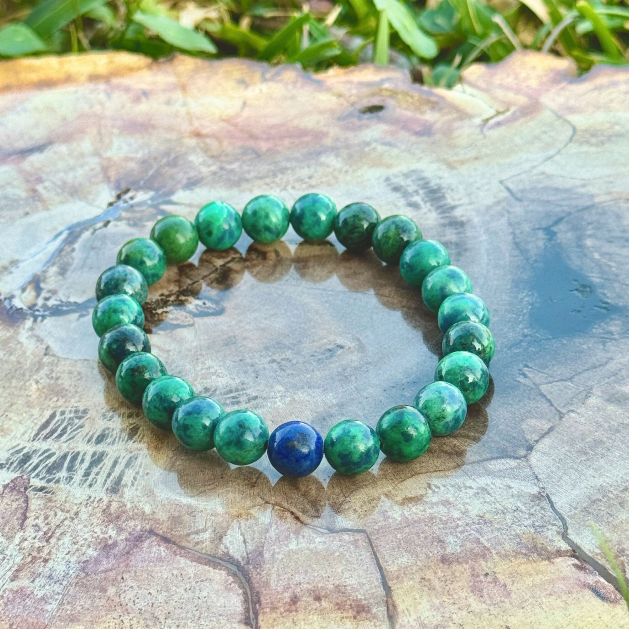 Azurite in Malachite Gemstone Stretch Bracelet – 7mm Natural Crystal Beads