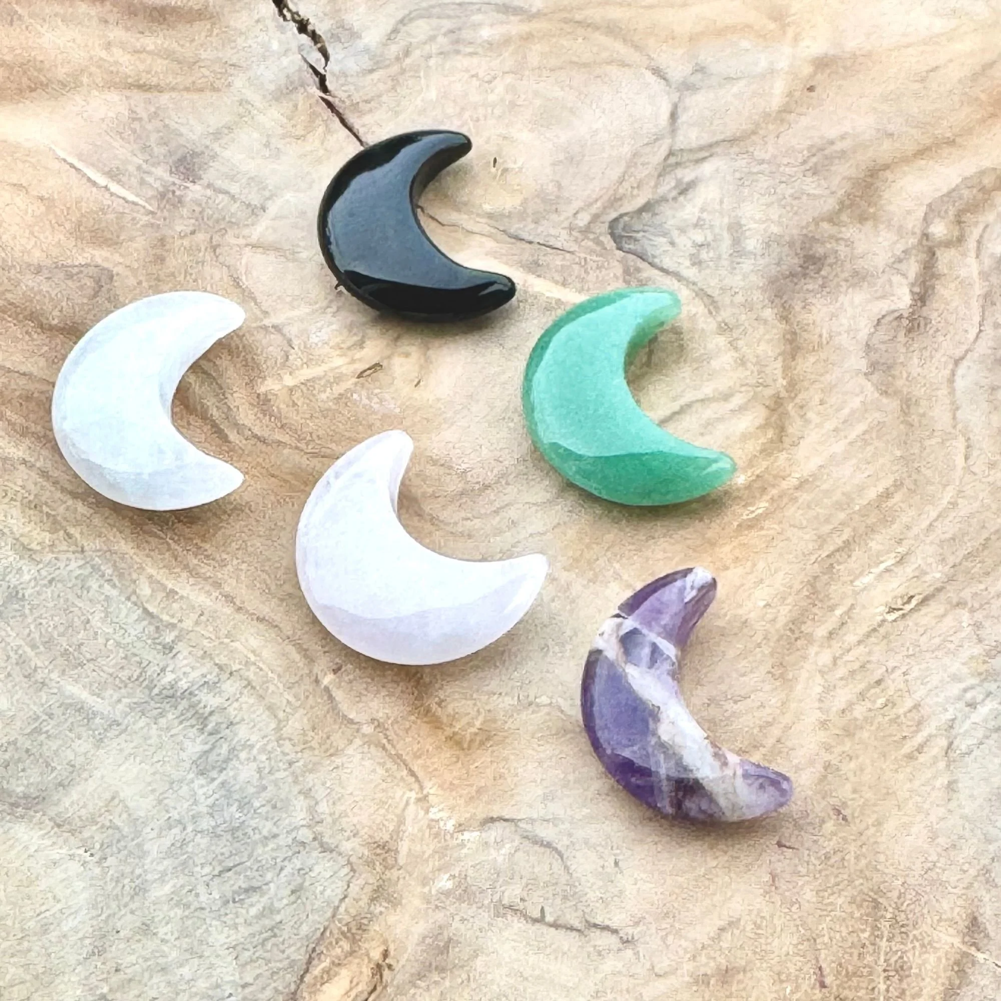 Gemstone Moons | Amethyst, Black Obsidian, Clear Quartz, Green Aventurine & Rose Quartz (1.25")