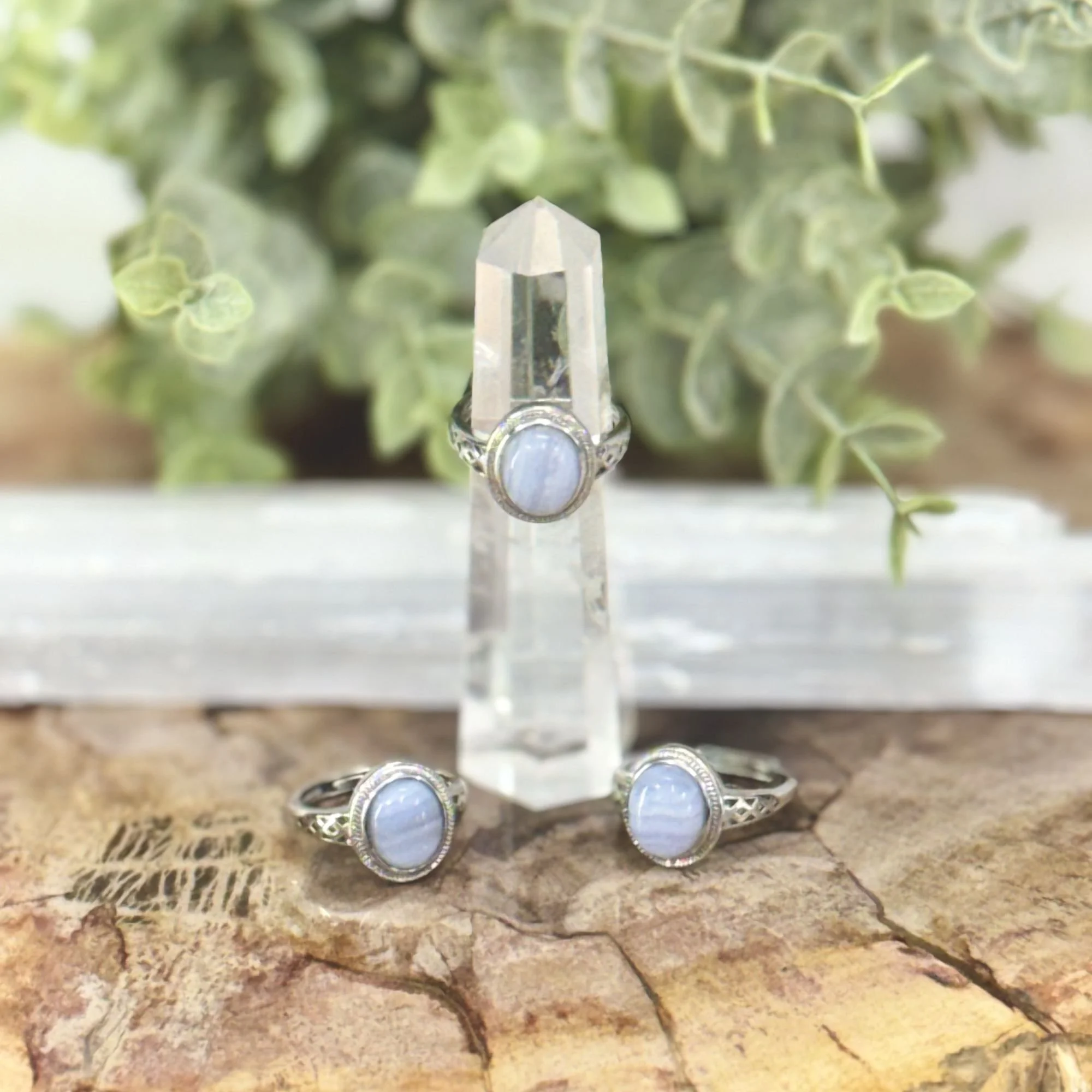 Blue Lace Agate Oval Cut Adjustable Stainless Steel Ring – Soft Blue Gemstone Ring