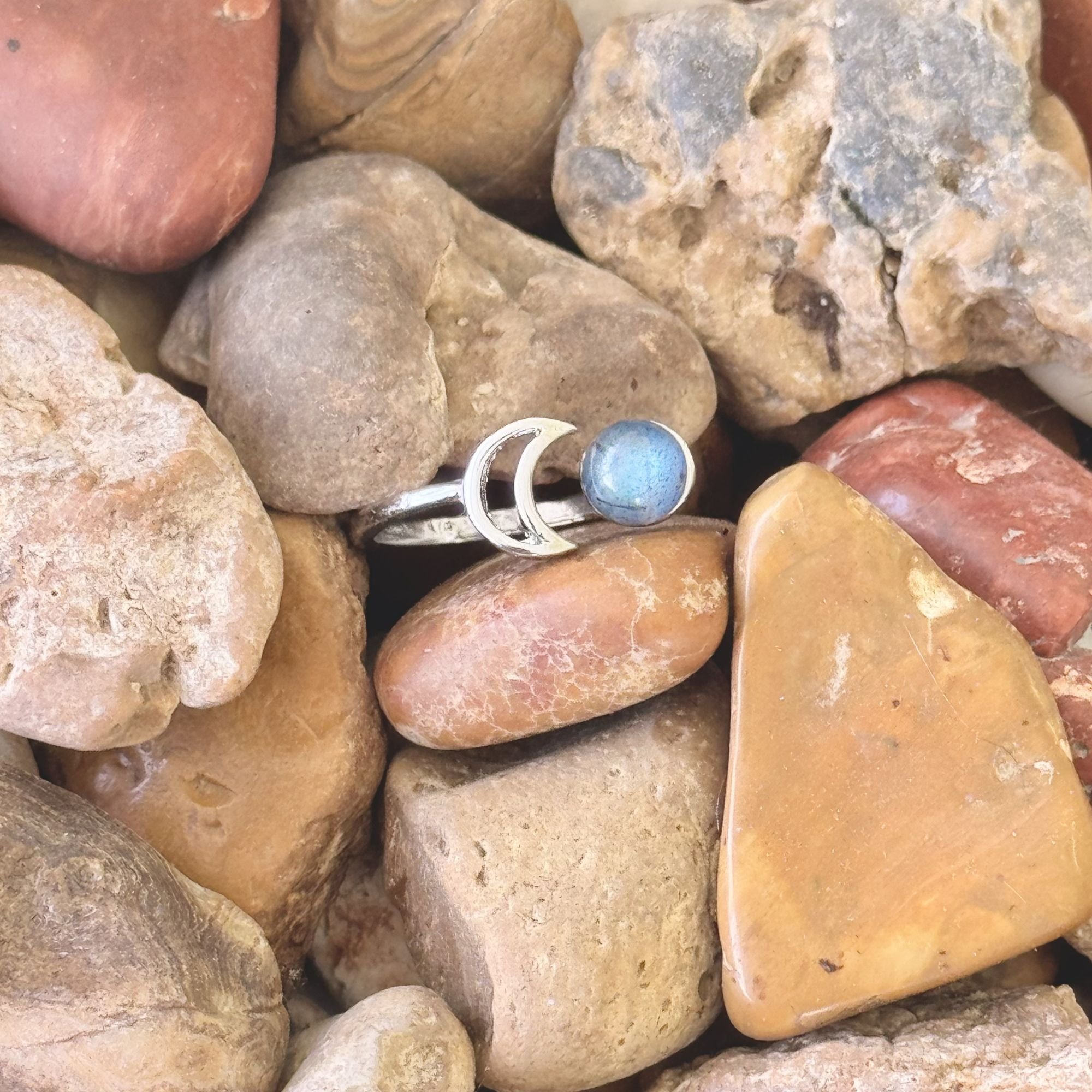 Labradorite Crescent Moon Adjustable Stainless Steel Ring – Celestial Gemstone Ring – One of a Kind