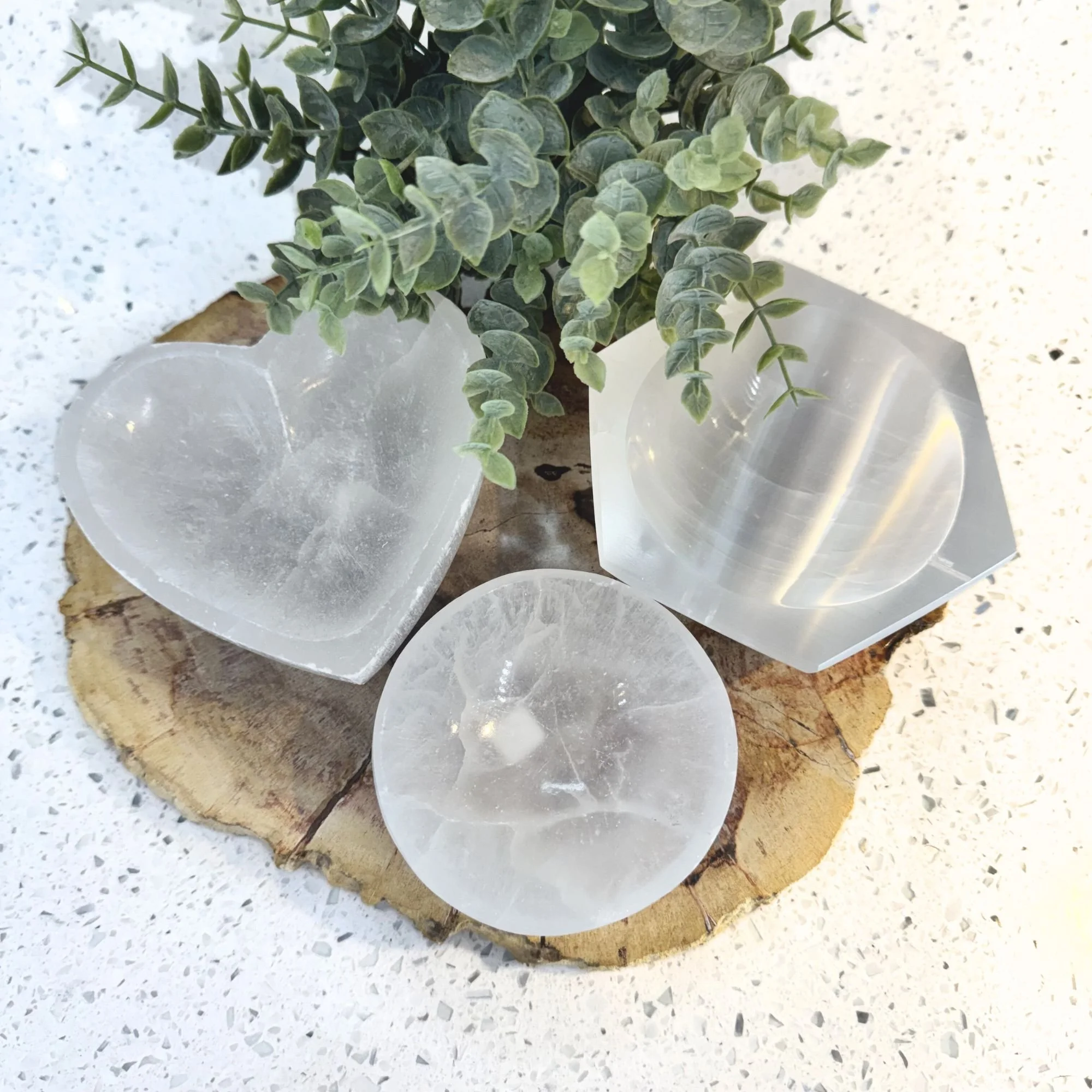 Satin Spar Selenite Altar Bowls – Heart, Round & Hexagonal Shapes