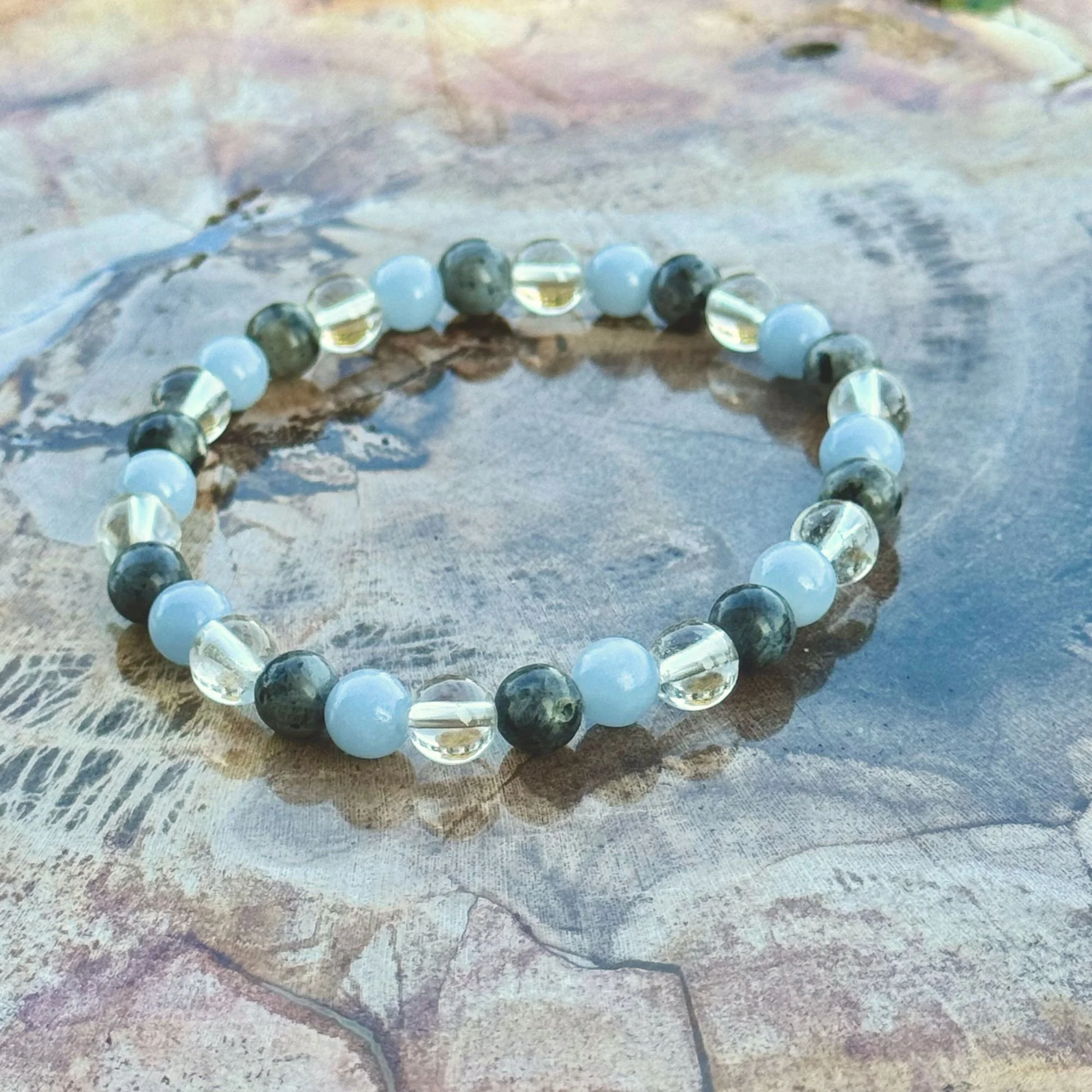 Angelite, Larvikite & Clear Quartz Crystal Stretch Bracelet – 5mm Natural Gemstone Beads