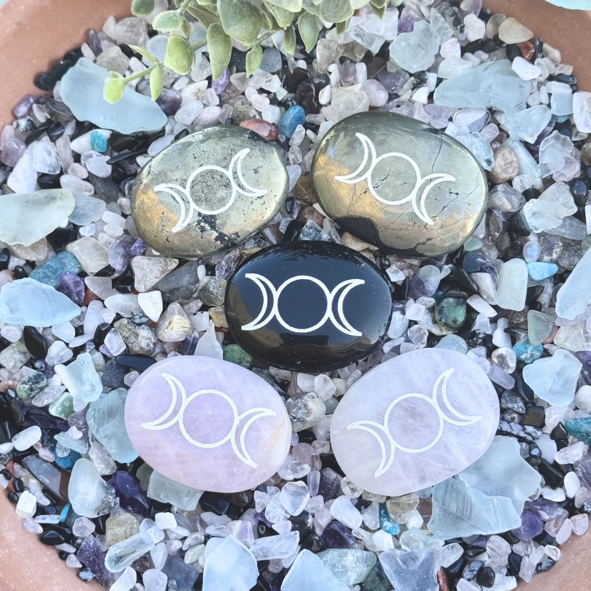 Triple Moon Engraved Palm Stones – Rose Quartz, Pyrite & Black Obsidian