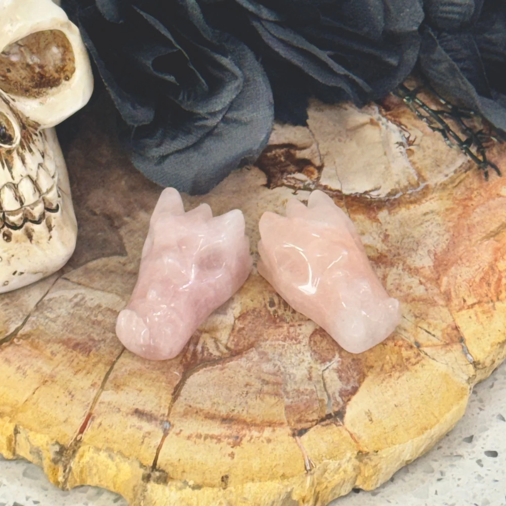 Rose Quartz Dragon Skull Carving – Crystal Dragon Figurine